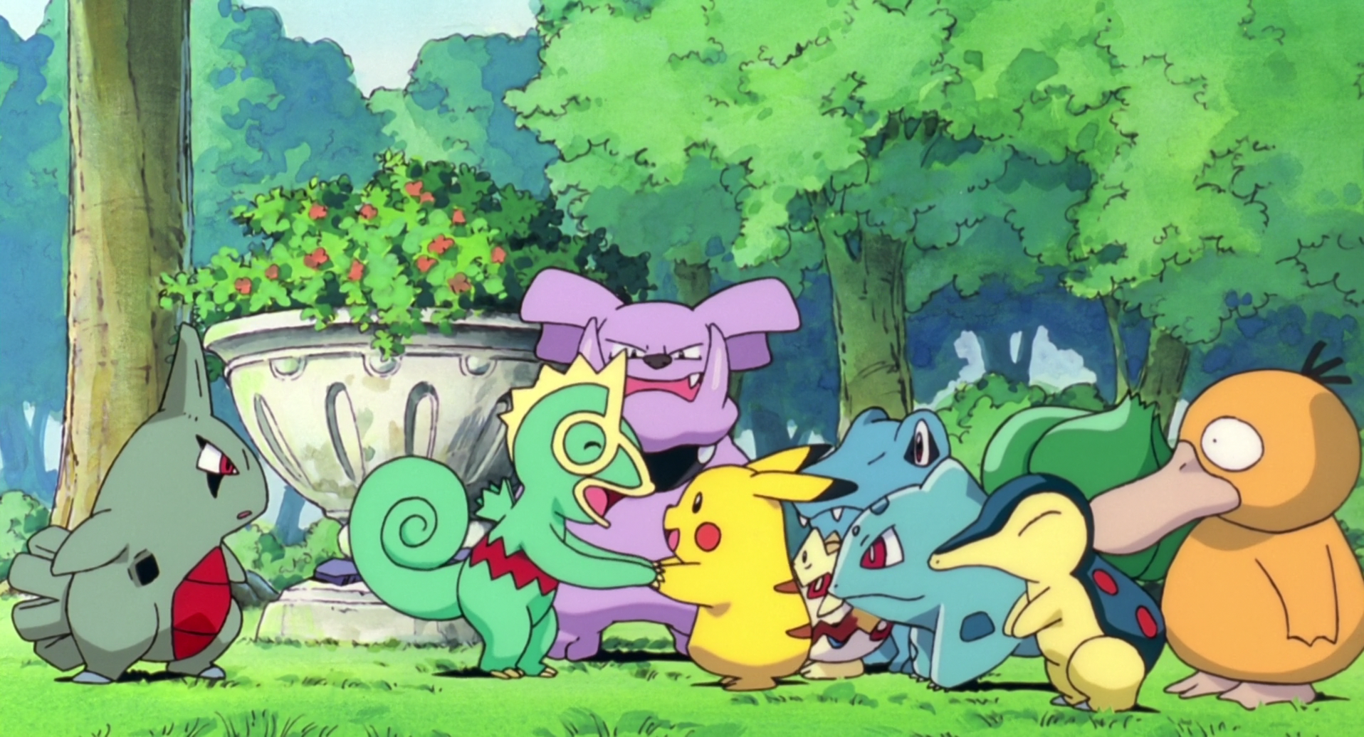 Pokemon group in a garden HD Wallpaper
