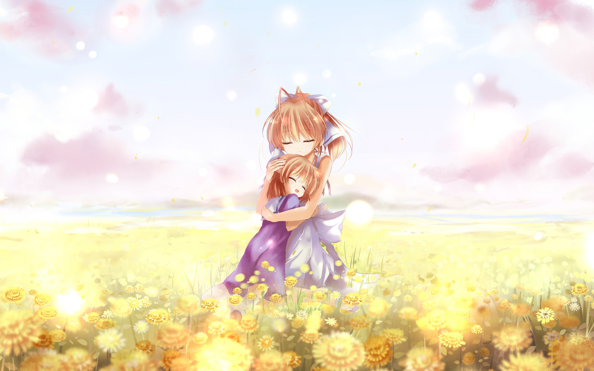 Ushio Okazaki hugging in a field of flowers HD Wallpaper