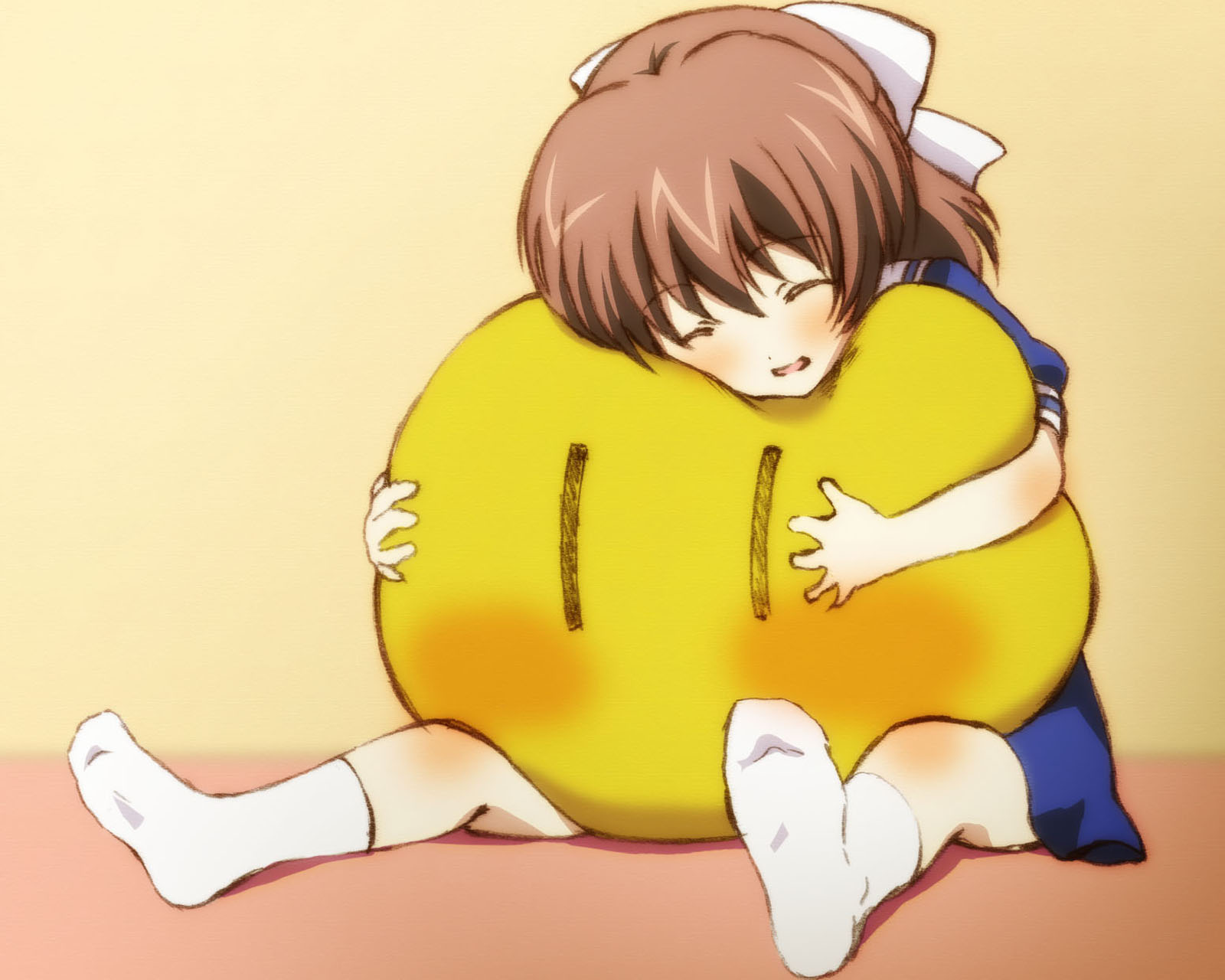 Ushio Okazaki hugging a yellow plush toy HD Wallpaper