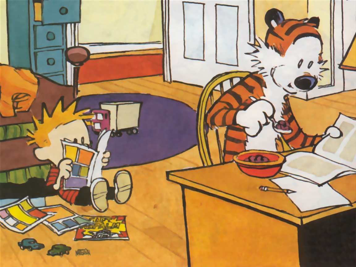 Calvin and Hobbes reading and eating HD Wallpaper