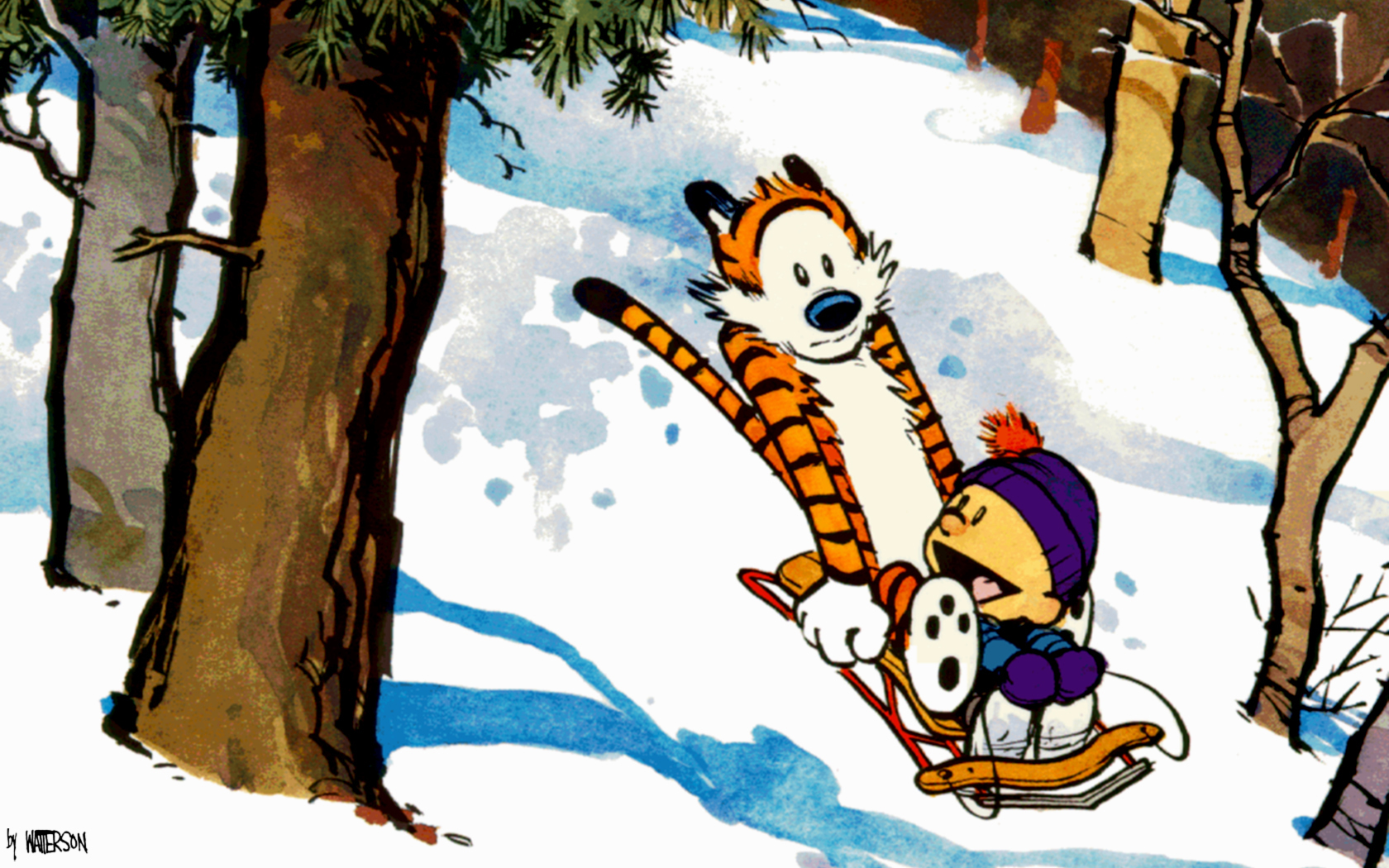 Calvin and Hobbes sledding in the snow HD Wallpaper