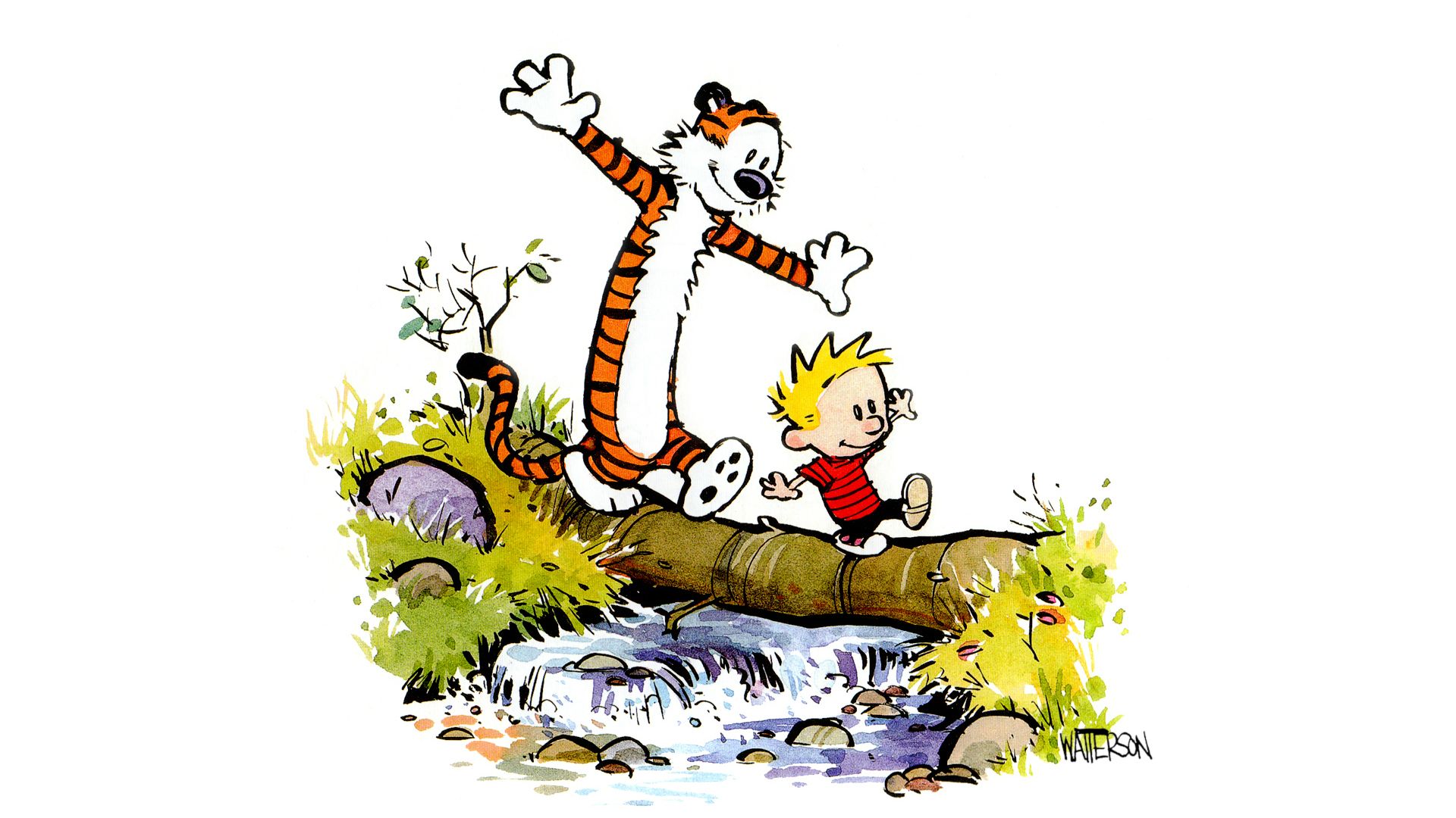 Calvin and Hobbes walking on a log HD Wallpaper