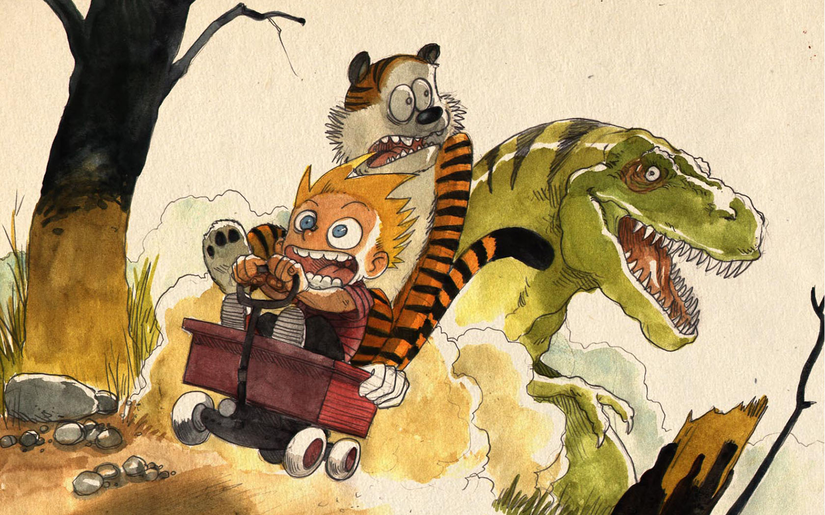 Calvin and Hobbes riding a wagon with a T-Rex HD Wallpaper