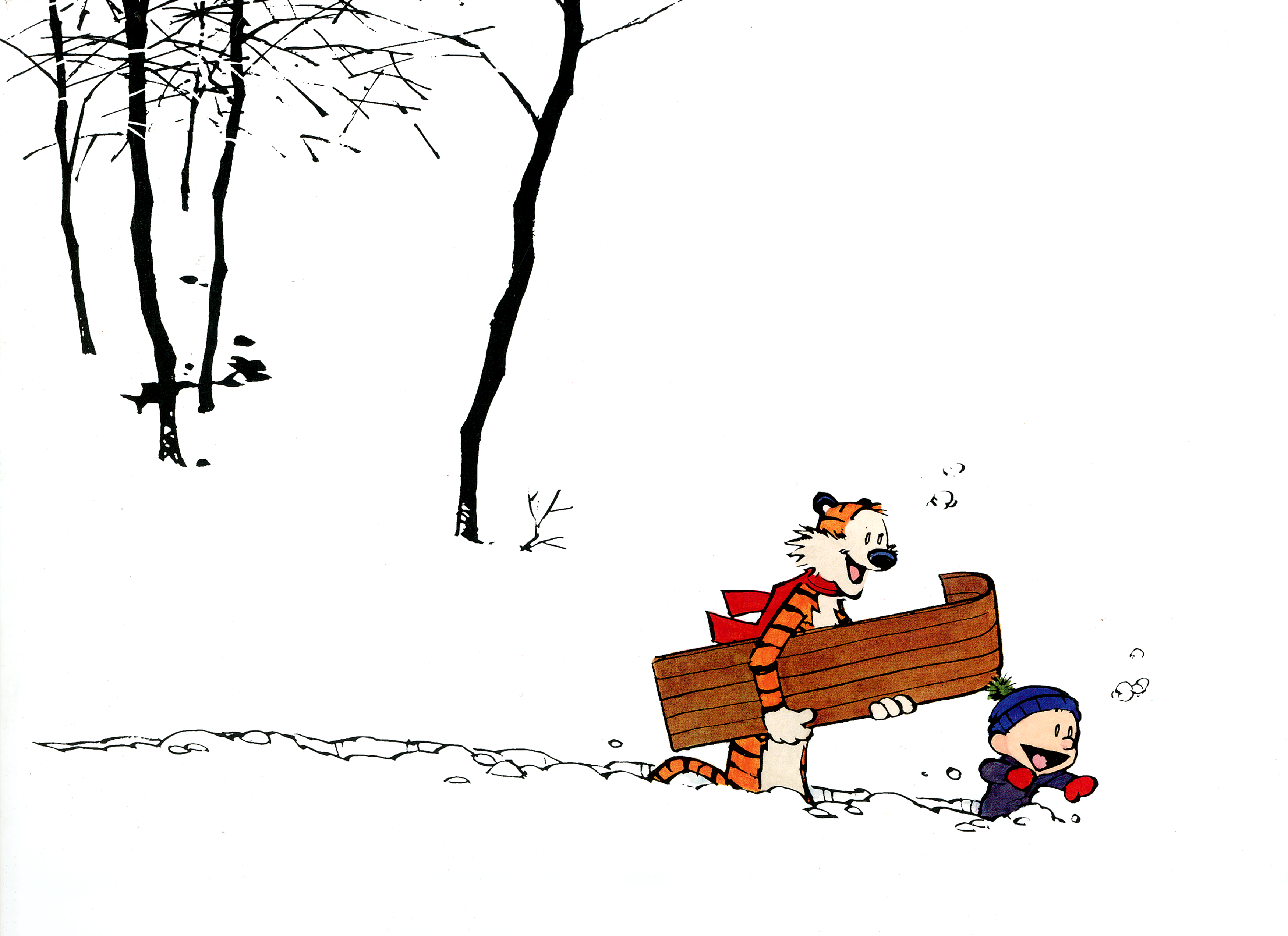 Calvin and Hobbes carrying a wooden sled in the snow HD Wallpaper