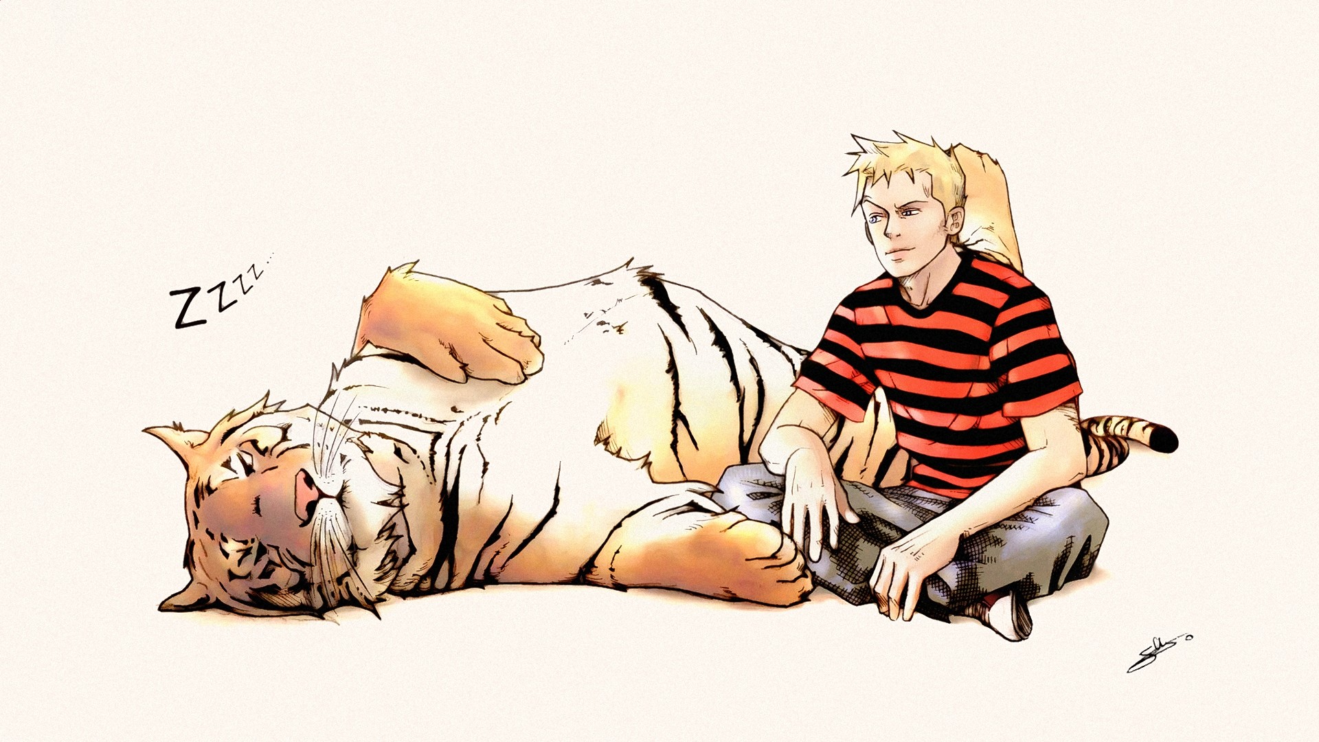 Hobbes the Tiger and Calvin sitting HD Wallpaper