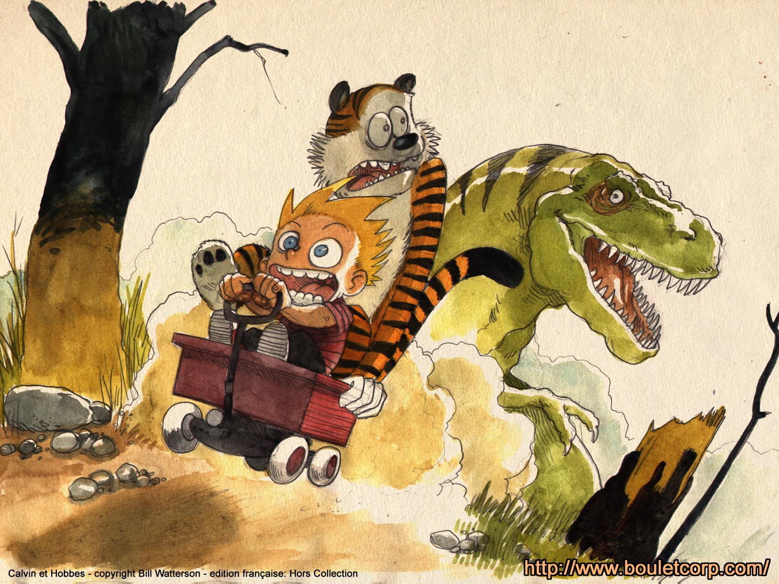 Calvin and Hobbes riding a wagon with a T-Rex HD Wallpaper