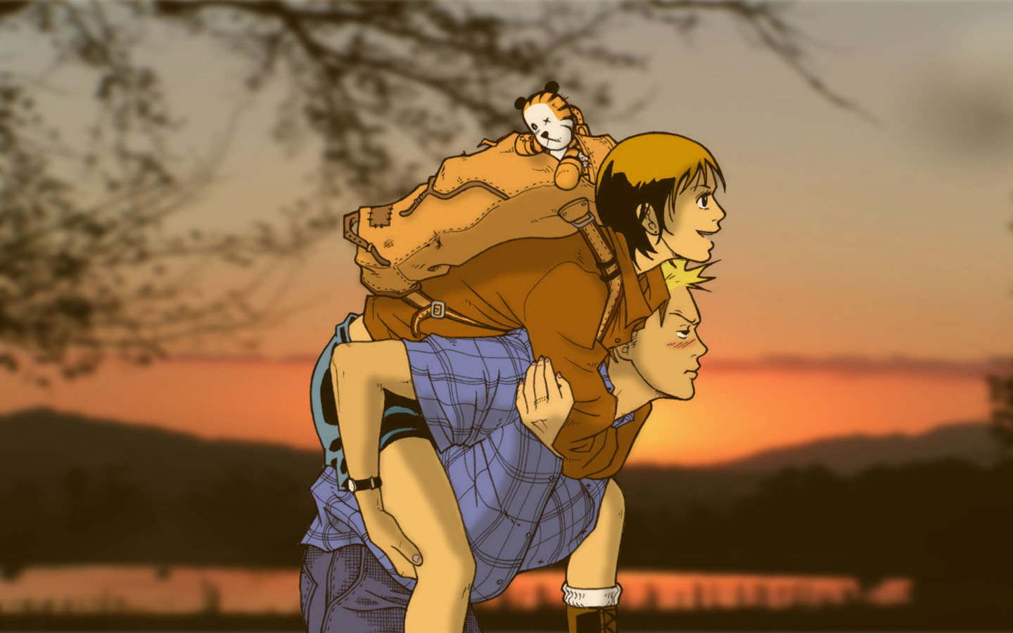 Calvin and Hobbes piggyback ride at sunset HD Wallpaper
