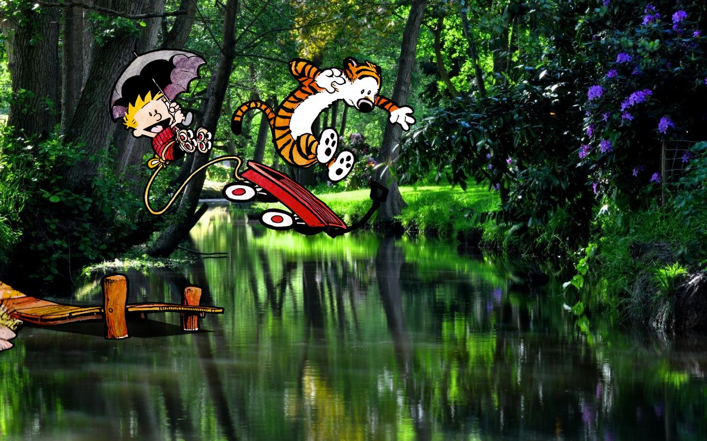 Calvin and Hobbes jumping into a river HD Wallpaper