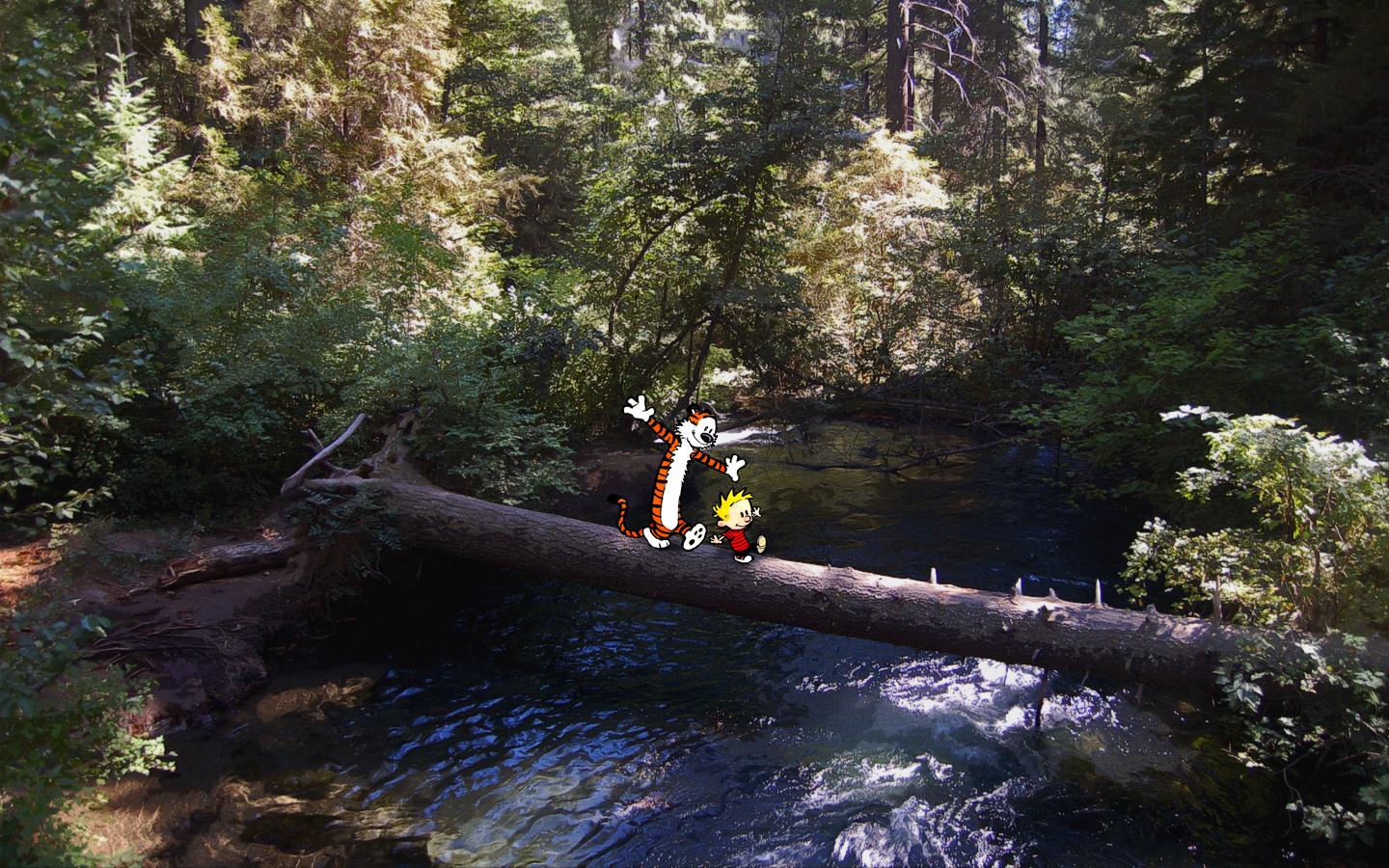 Hobbes and Calvin on a log over a river HD Wallpaper