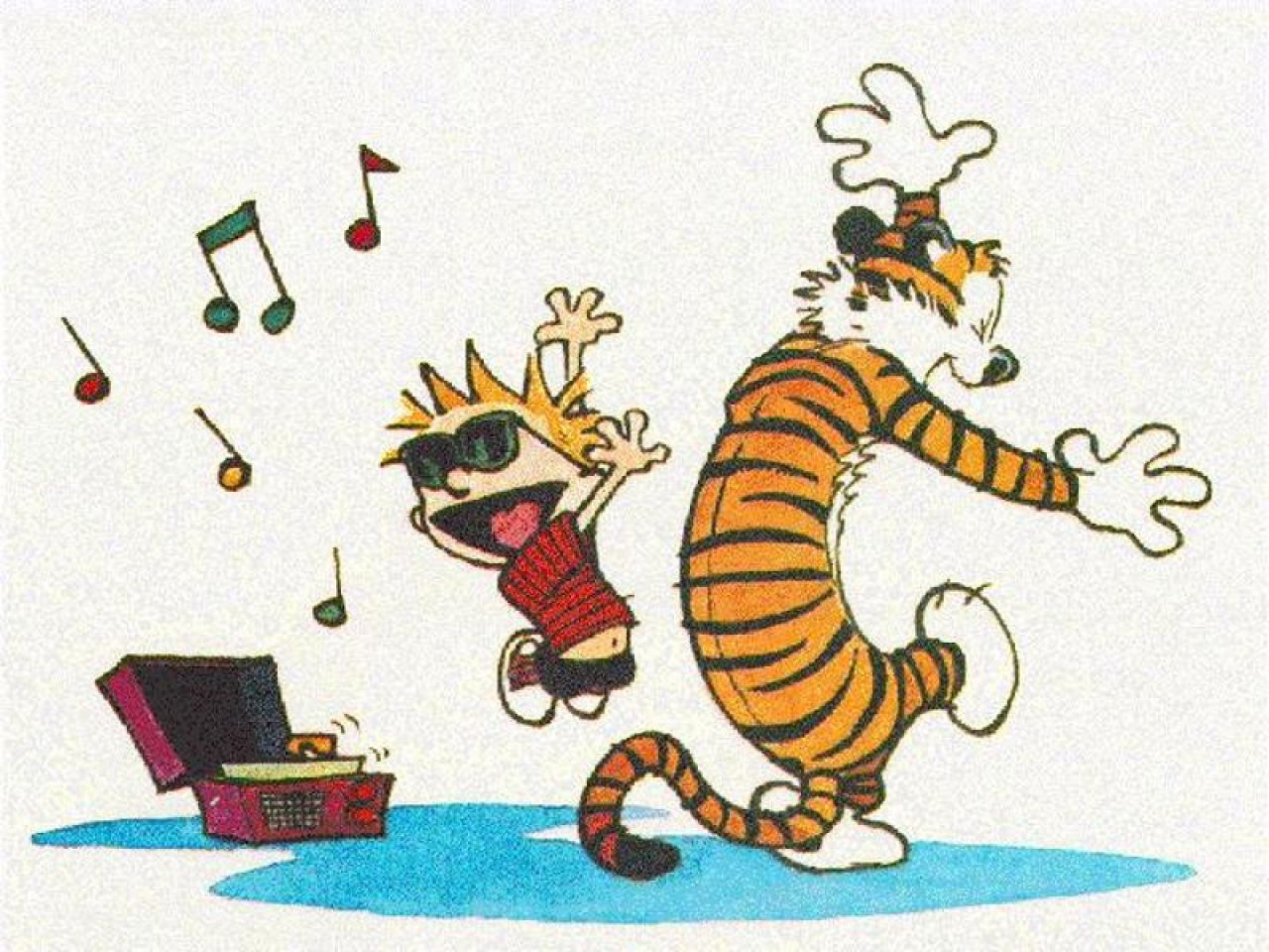 Calvin and Hobbes dancing to music HD Wallpaper