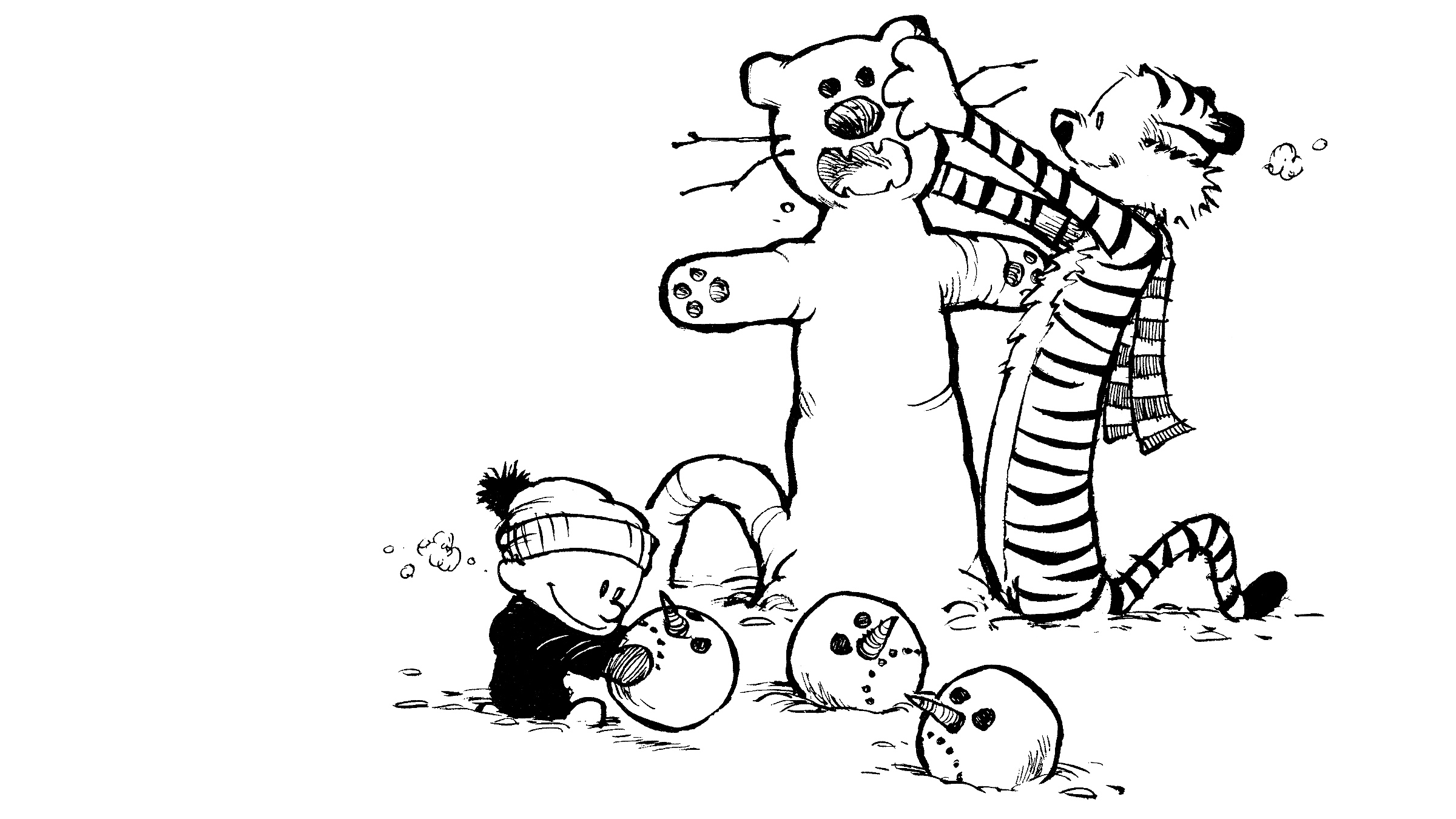 Calvin and Hobbes building snowmen HD Wallpaper