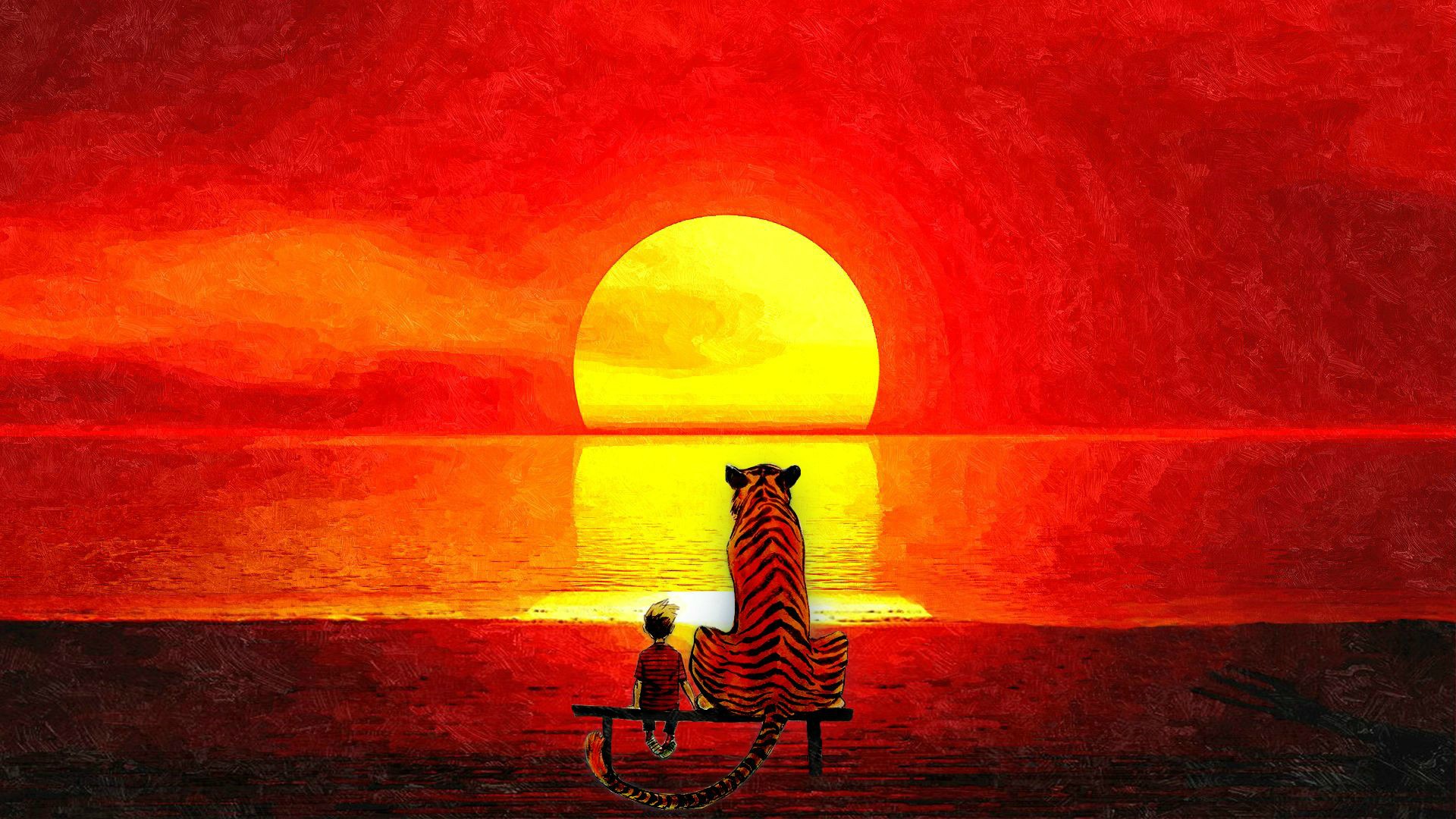 Tiger and boy watching sunset HD Wallpaper