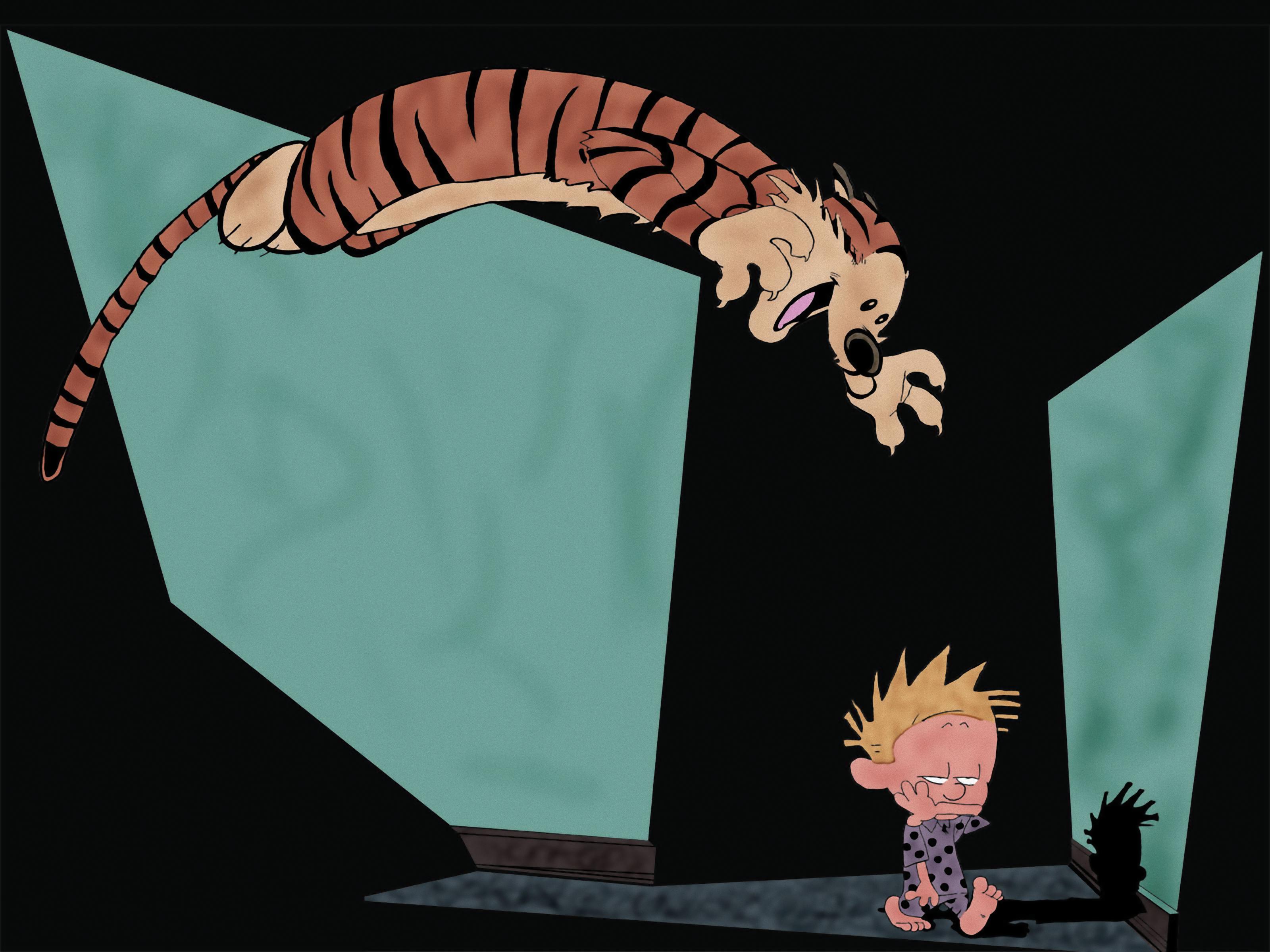 Hobbes jumping over Calvin HD Wallpaper