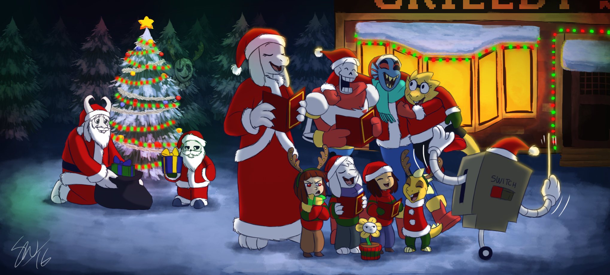 Undertale characters in Christmas outfits singing carols HD Wallpaper