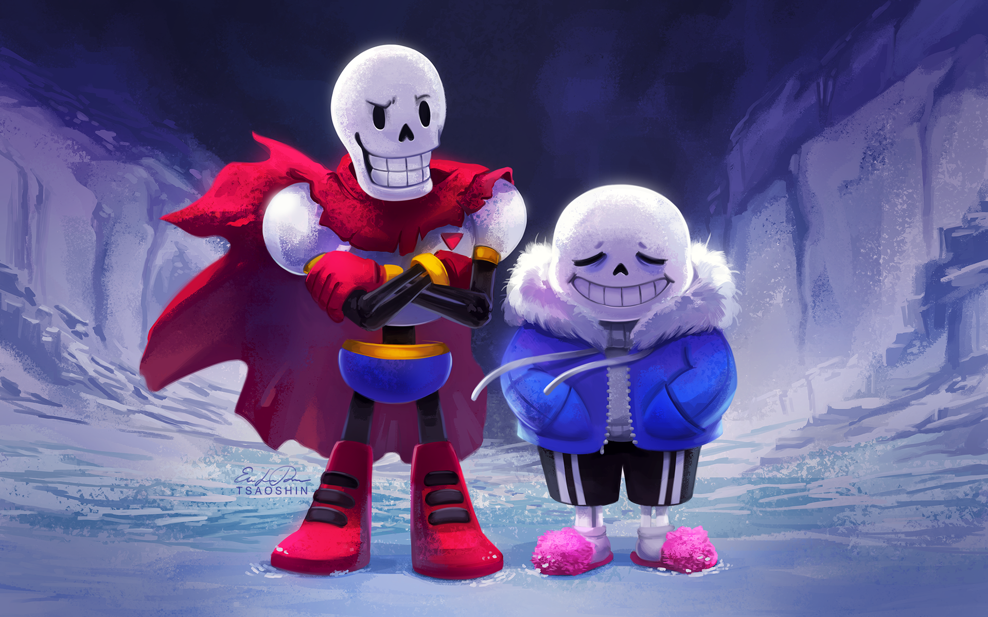 Papyrus and Sans from Undertale in a snowy environment HD Wallpaper