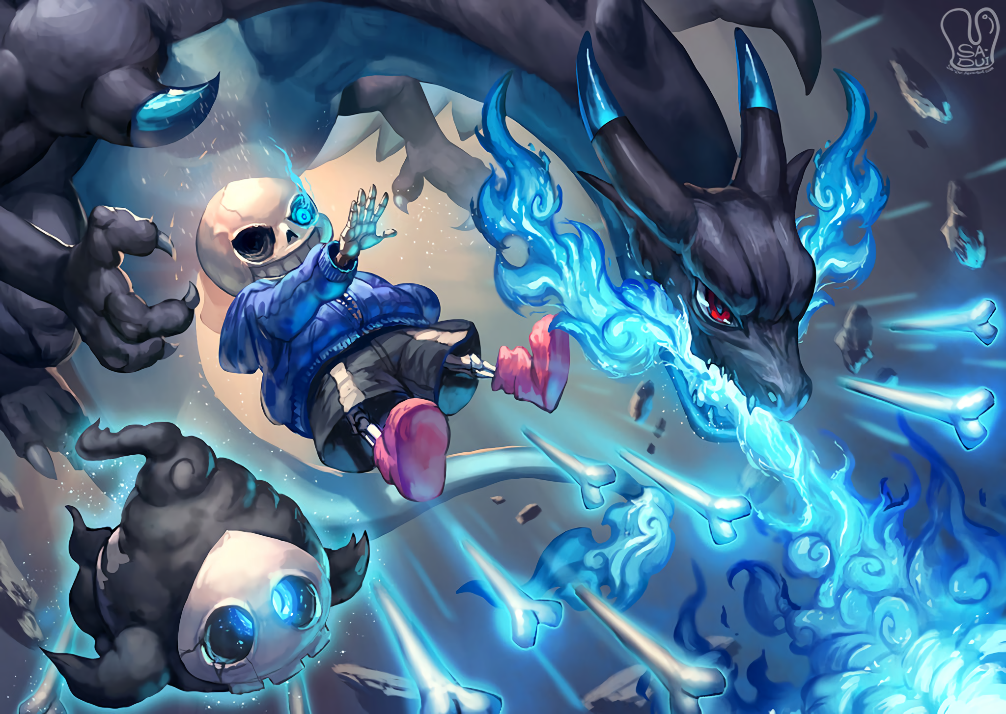 Sans from Undertale fighting a dragon HD Wallpaper