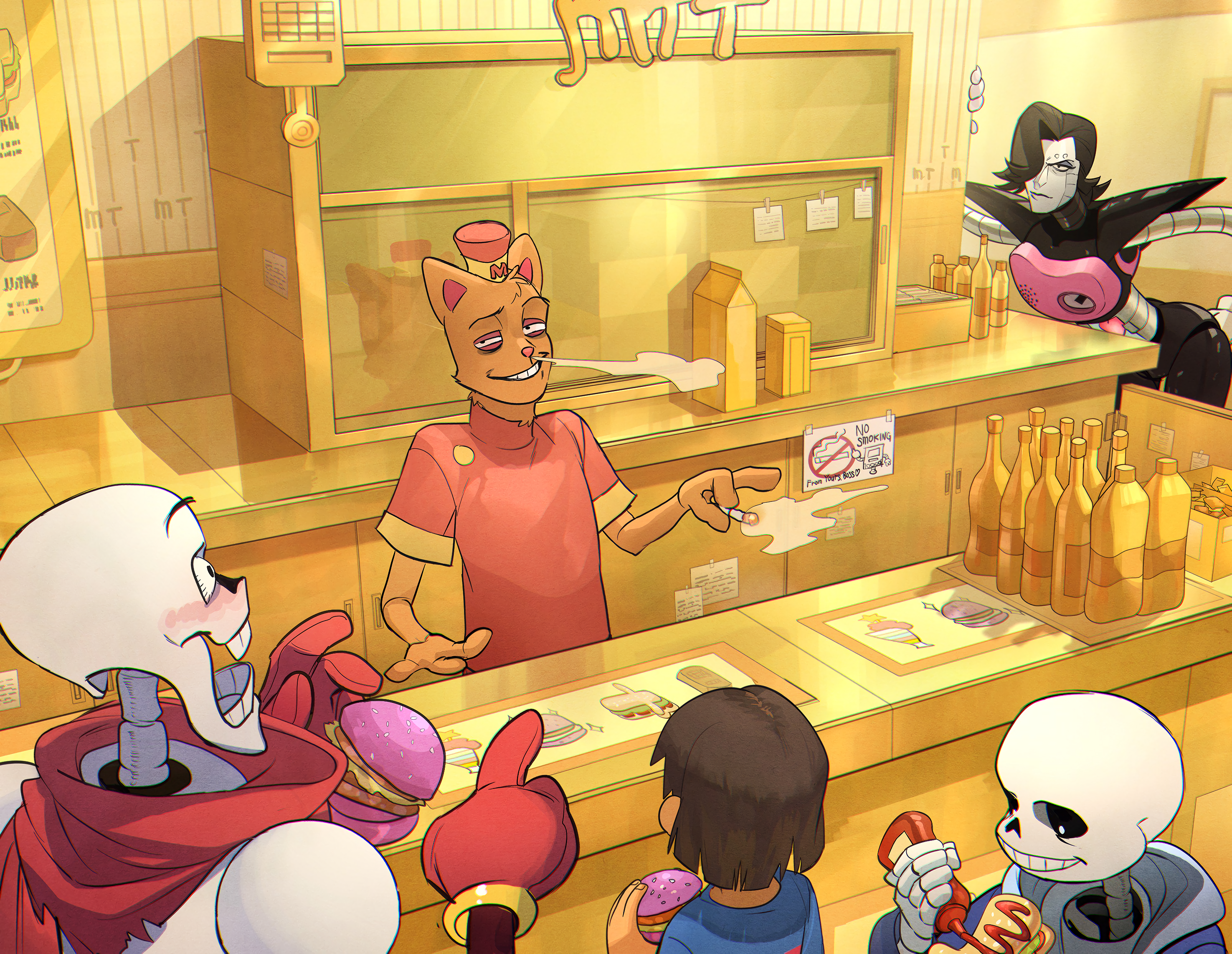 Characters from Undertale at a fast food restaurant HD Wallpaper