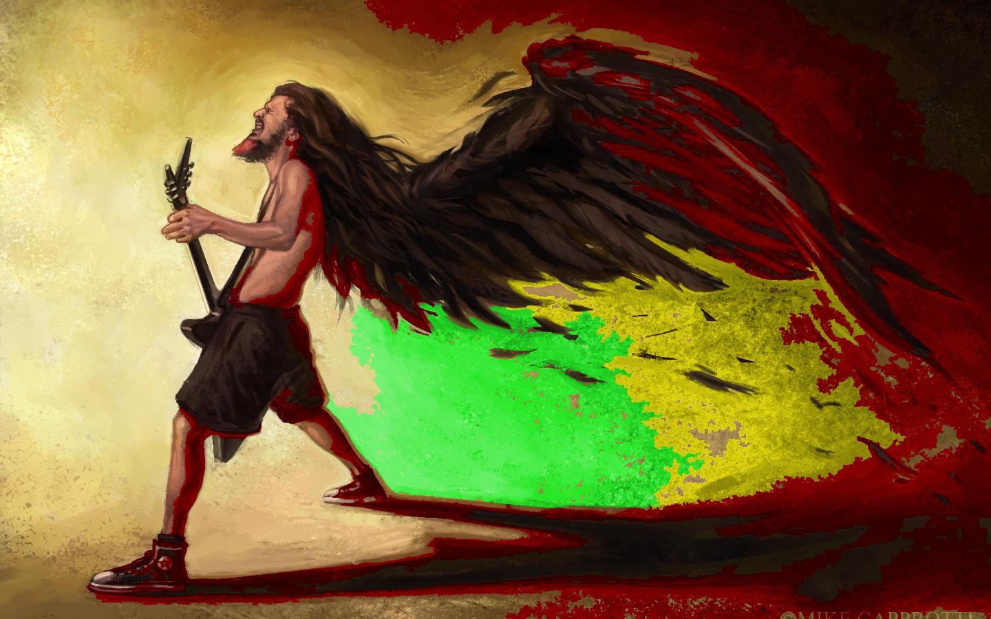 Man with wings playing guitar, reggae colors HD Wallpaper