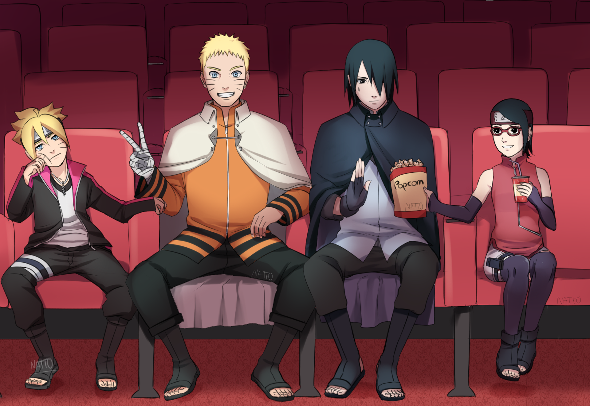 Boruto, Naruto, Sasuke, and Sarada in a movie theater HD Wallpaper