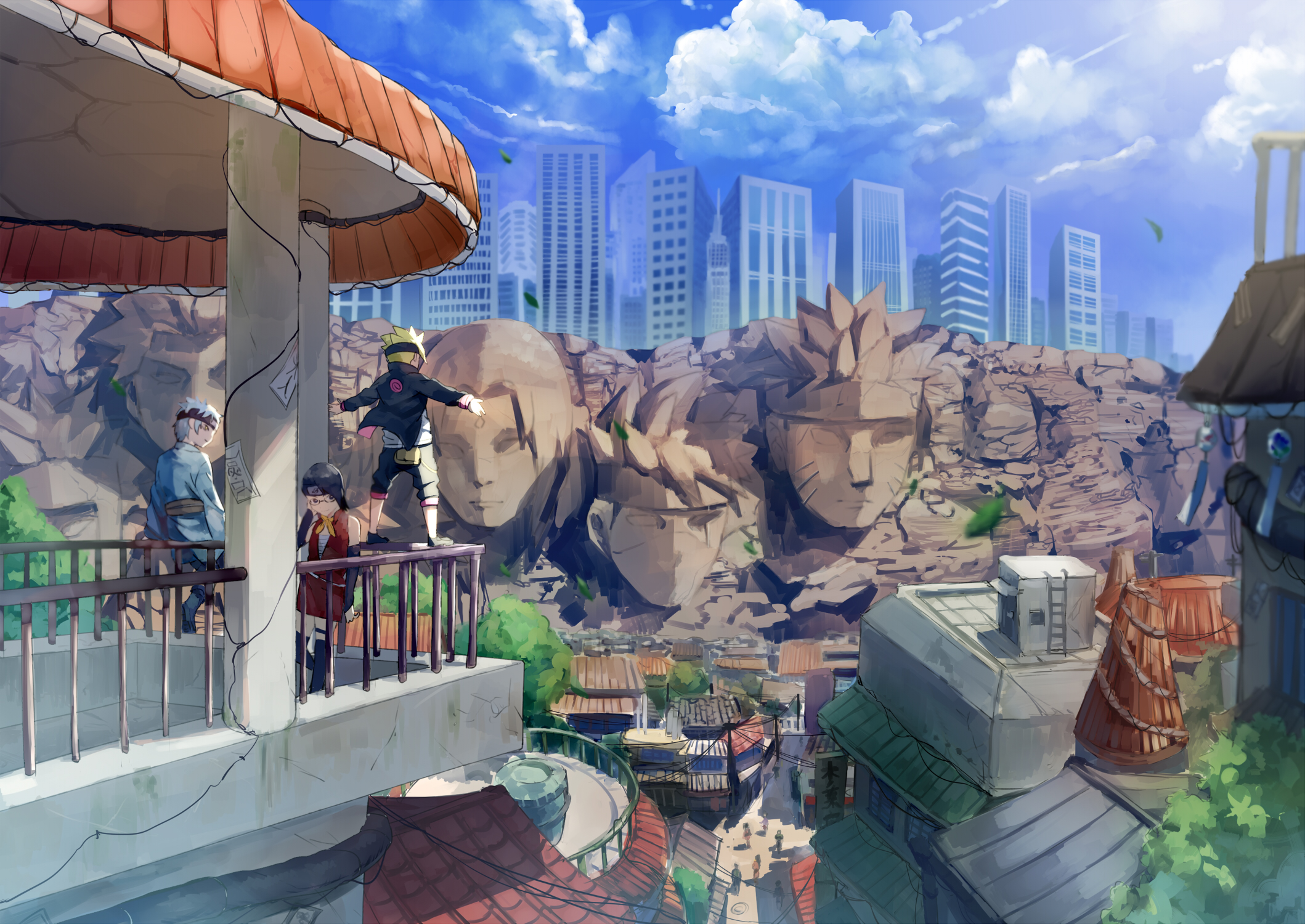 Boruto, Sarada, and Mitsuki in Konoha HD Wallpaper