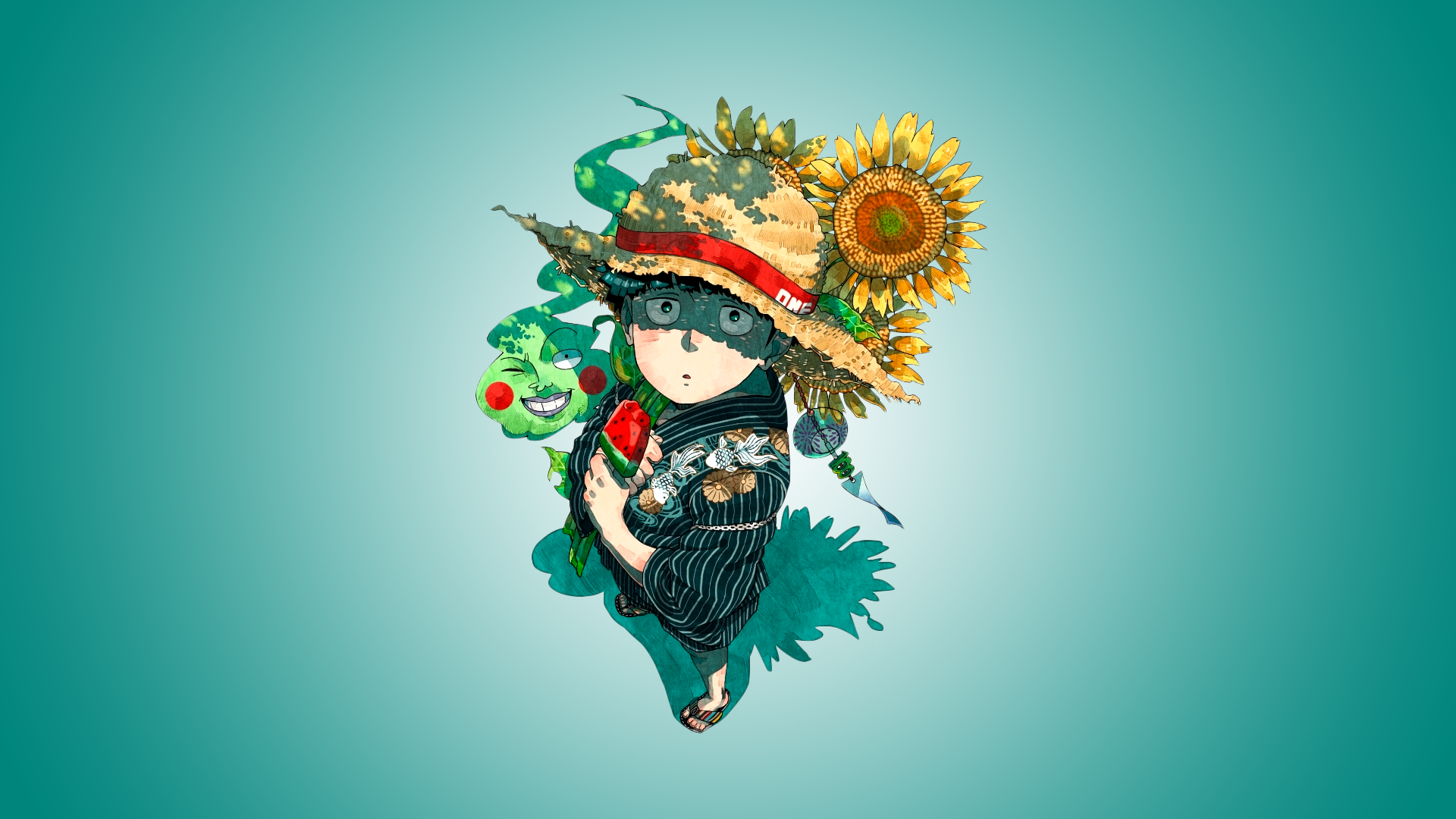 Shigeo Kageyama with a Straw Hat and Sunflowers HD Wallpaper