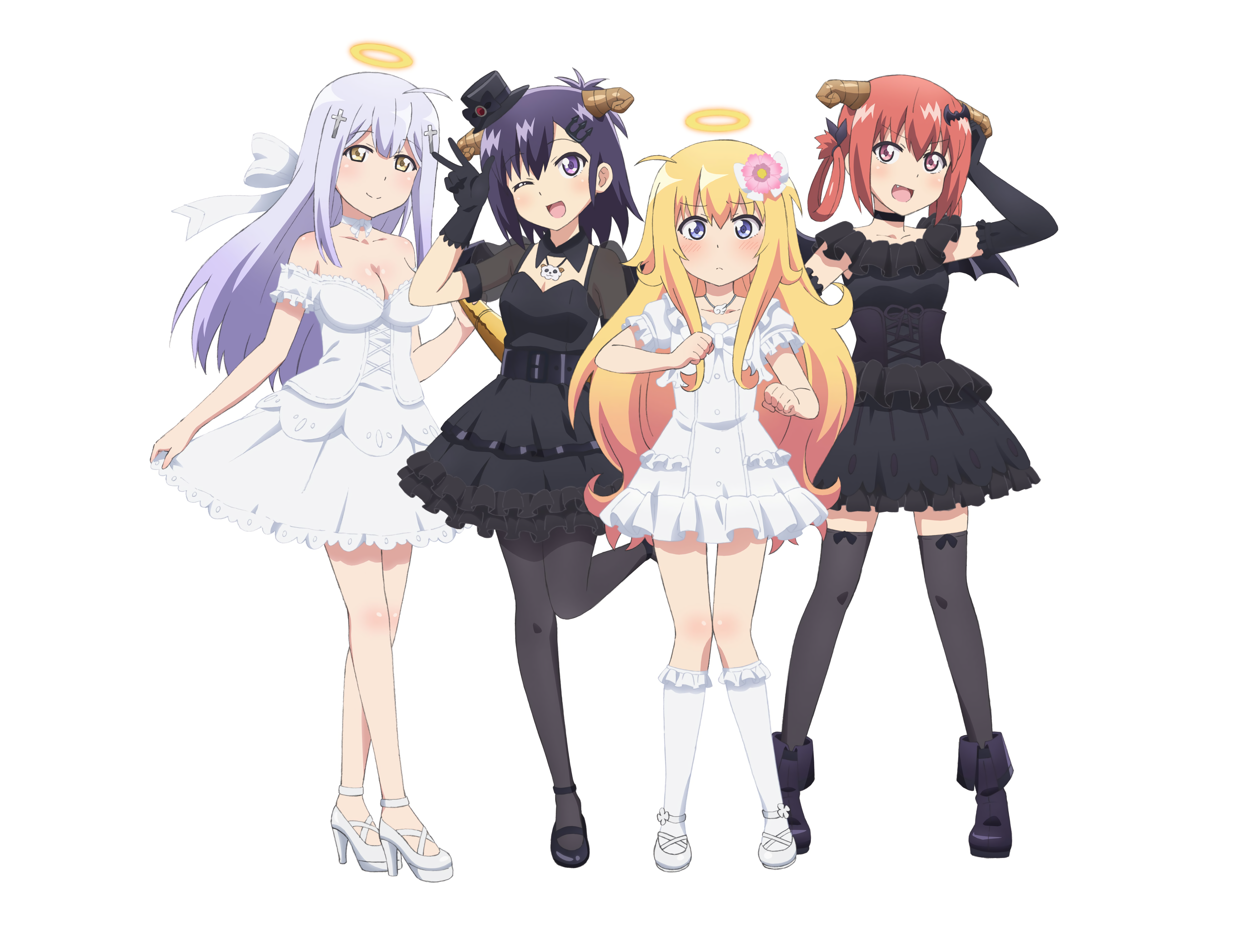 Four anime girls with halos and horns HD Wallpaper