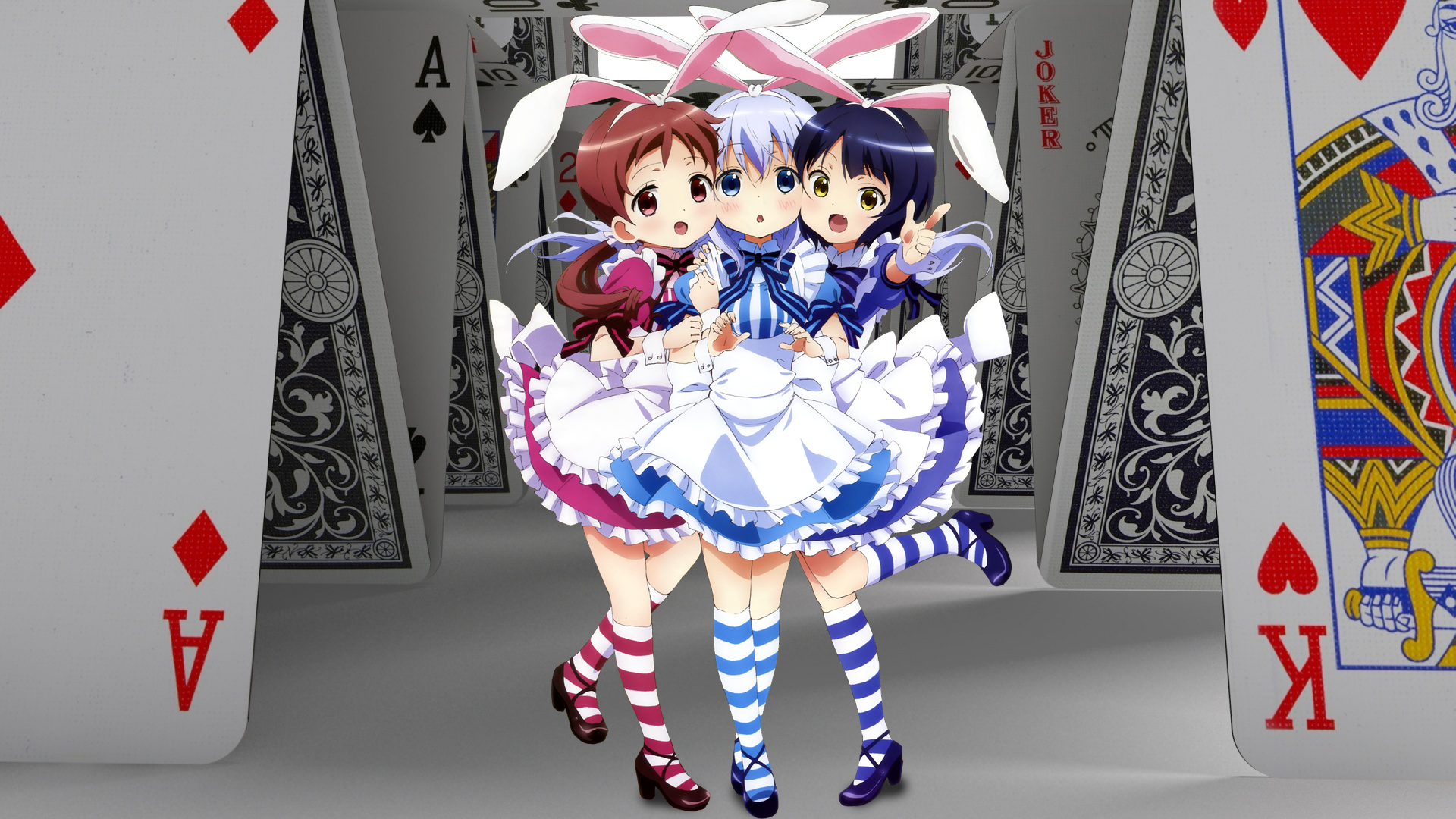 Three girls in maid outfits with bunny ears HD Wallpaper