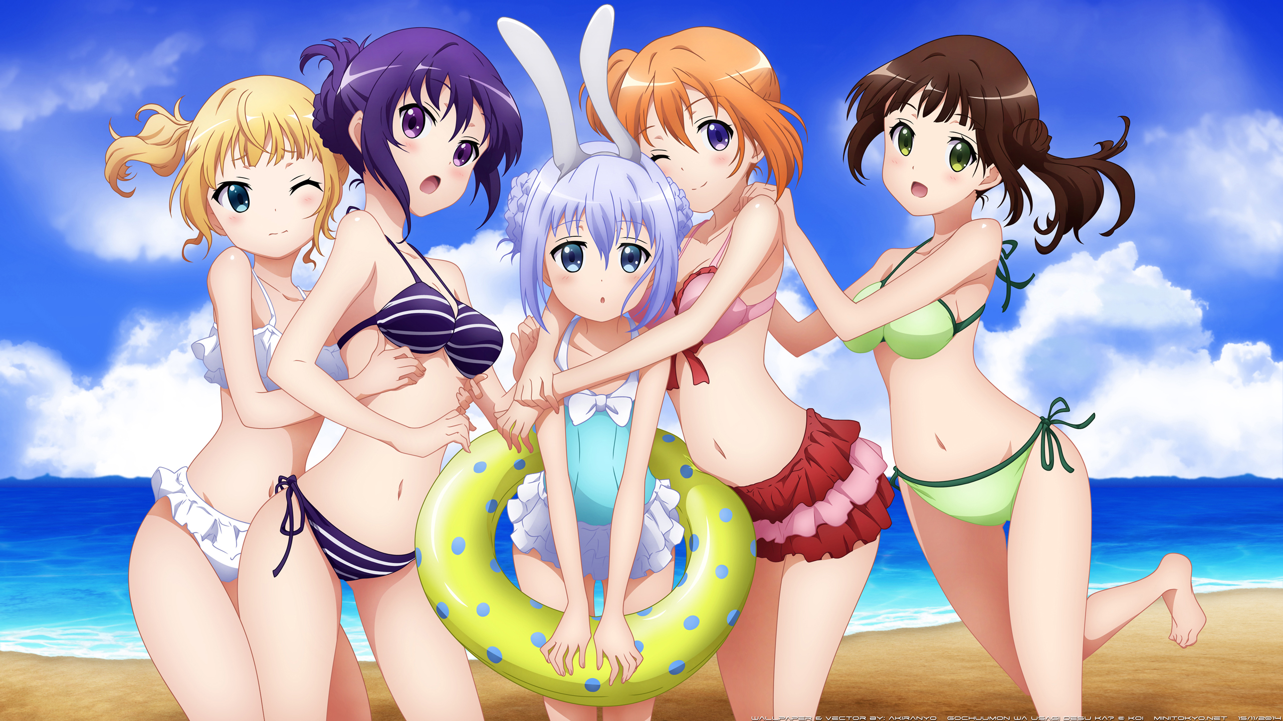 Five girls in swimsuits on a beach HD Wallpaper