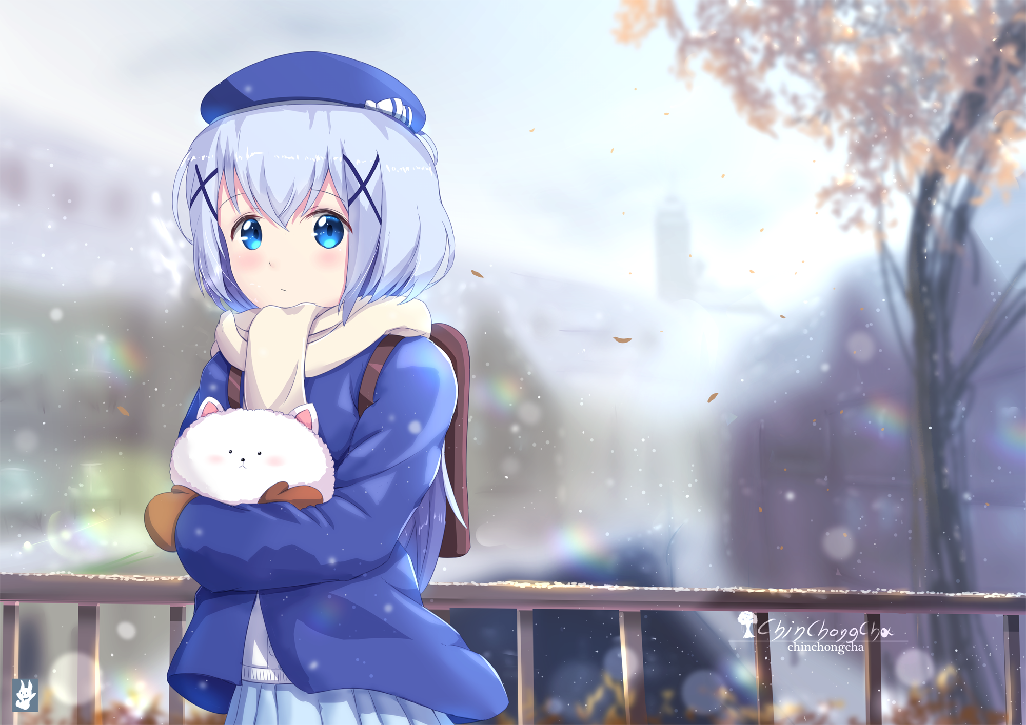 Chino Kafū holding a plush toy in winter HD Wallpaper