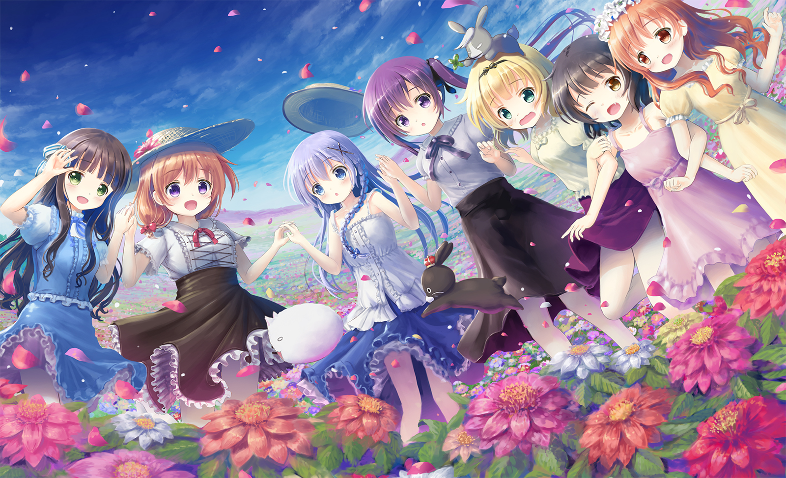 Chino Kafū and friends in a flower field HD Wallpaper