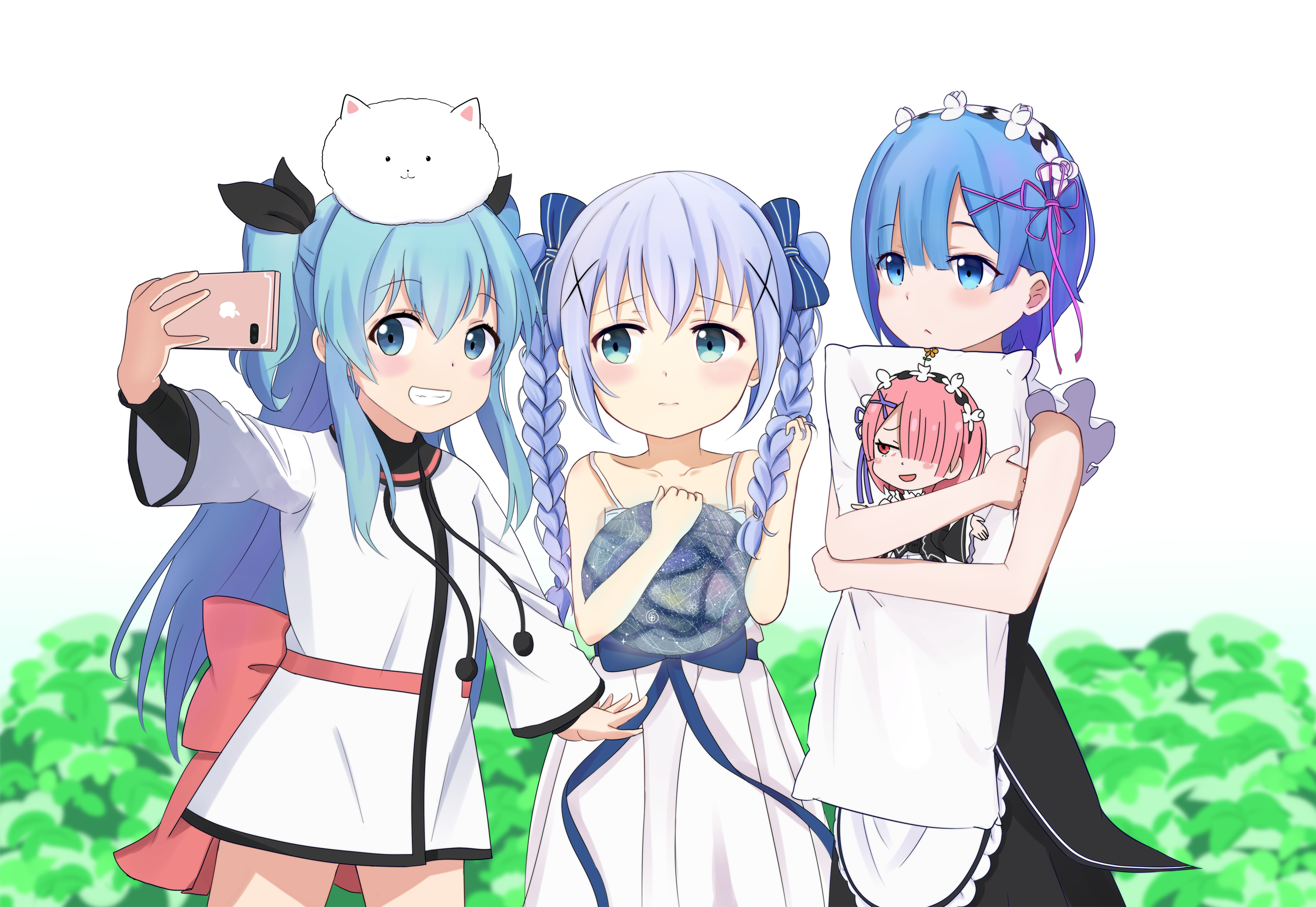 Three anime girls taking a selfie HD Wallpaper