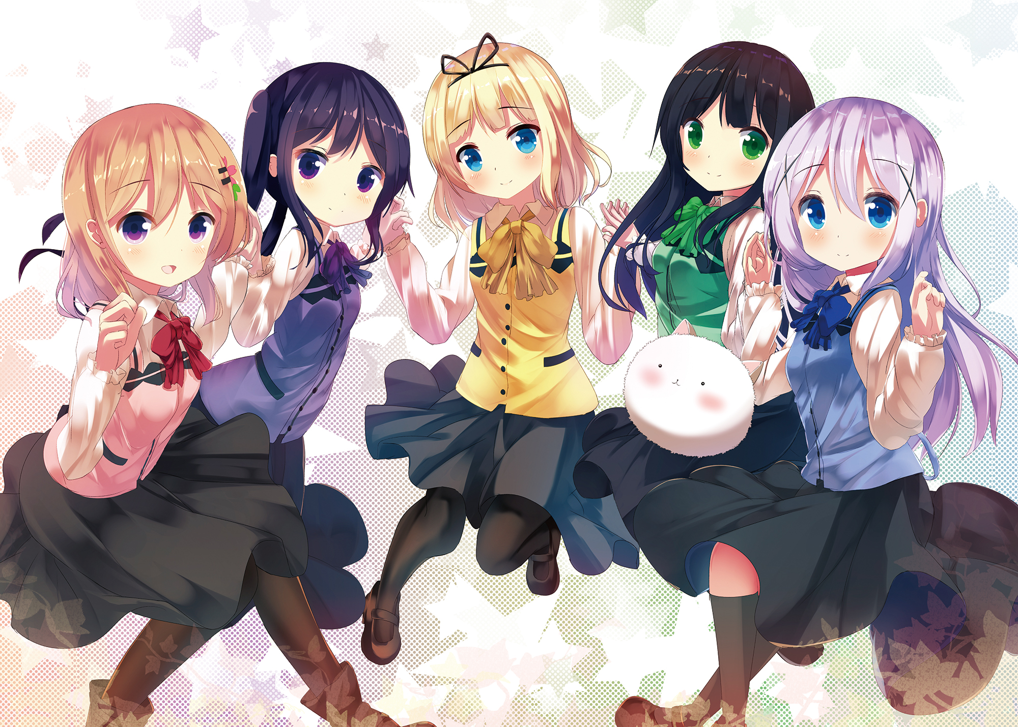 Five anime girls and a fluffy creature HD Wallpaper