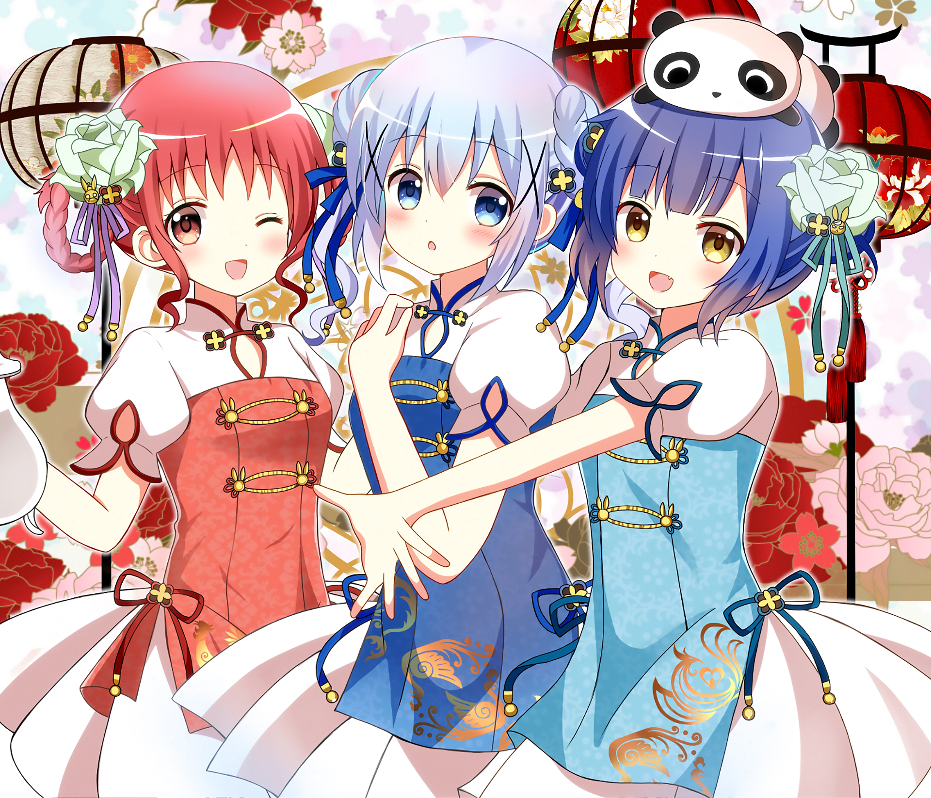 Three anime girls in traditional Chinese dresses HD Wallpaper
