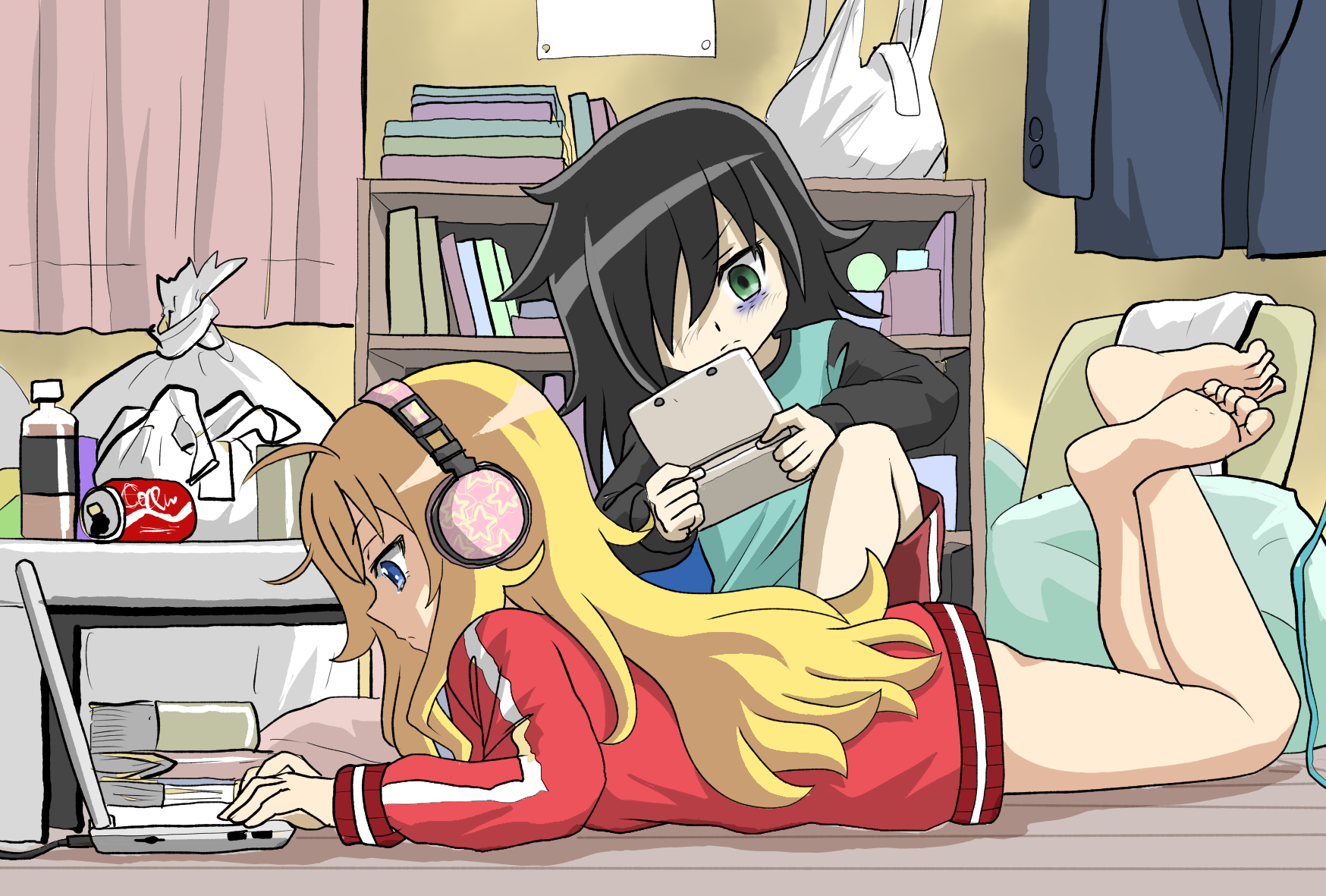 Two girls playing video games in a messy room HD Wallpaper