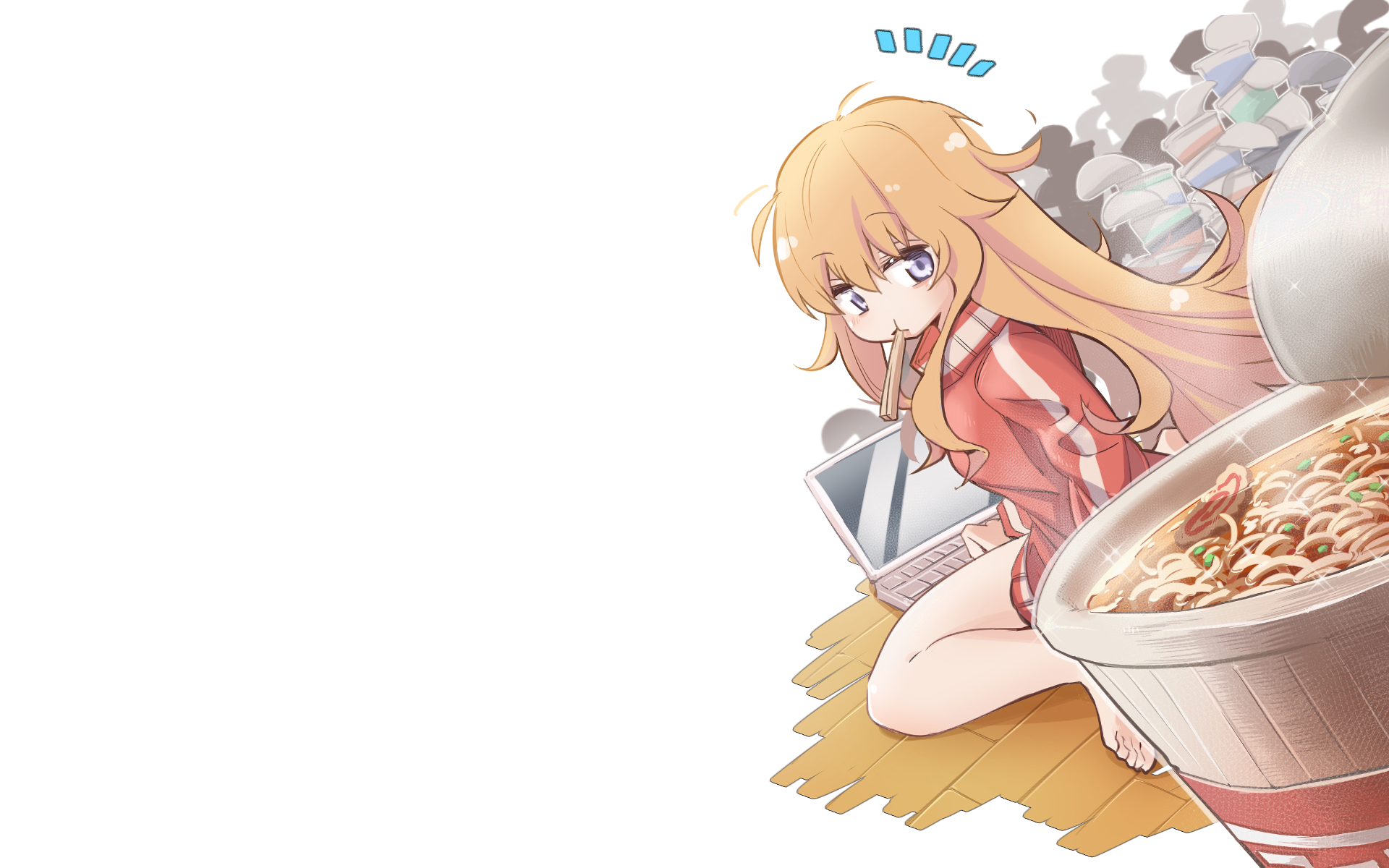 Girl eating instant noodles with laptop HD Wallpaper