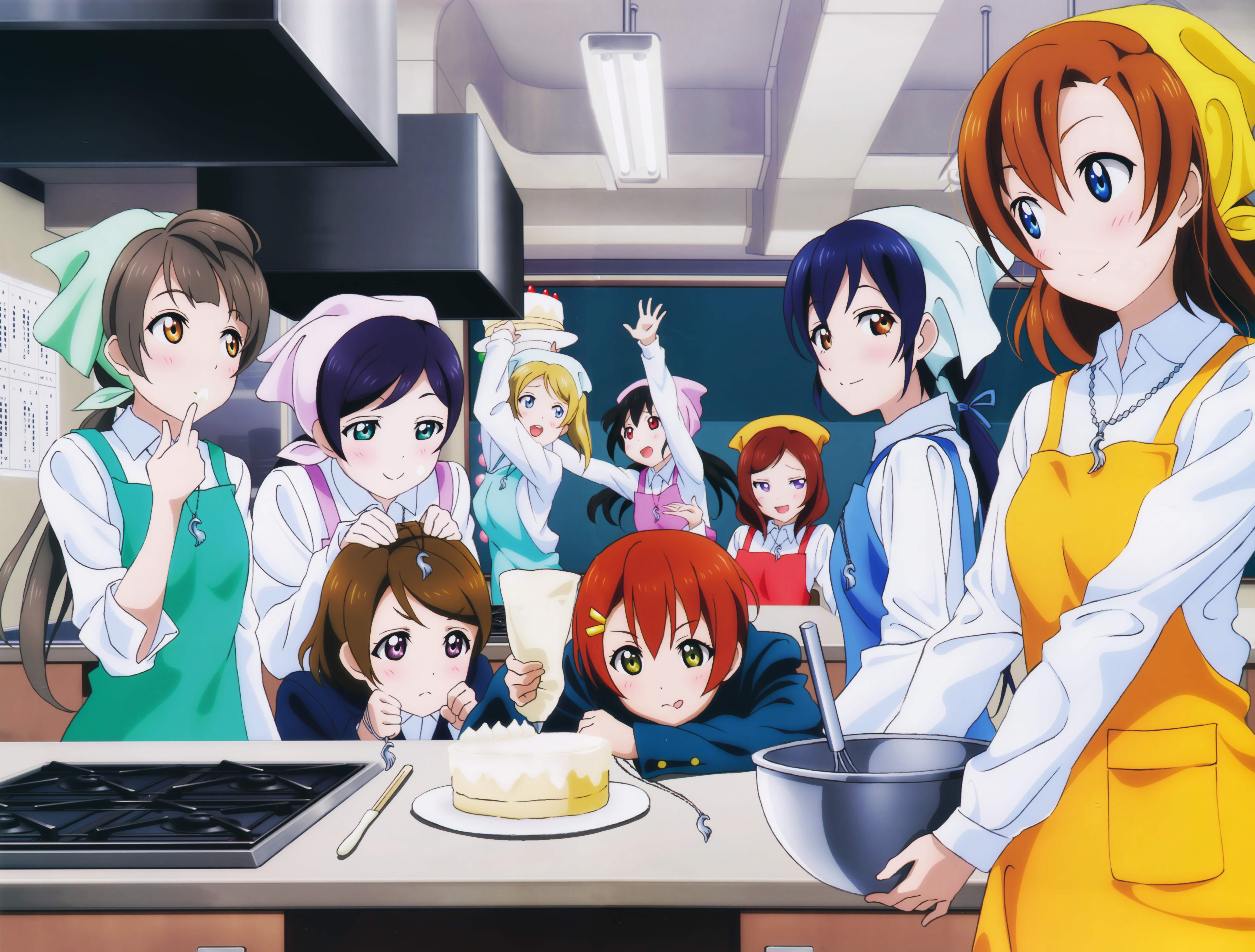 Rin Hoshizora and friends baking in a kitchen HD Wallpaper