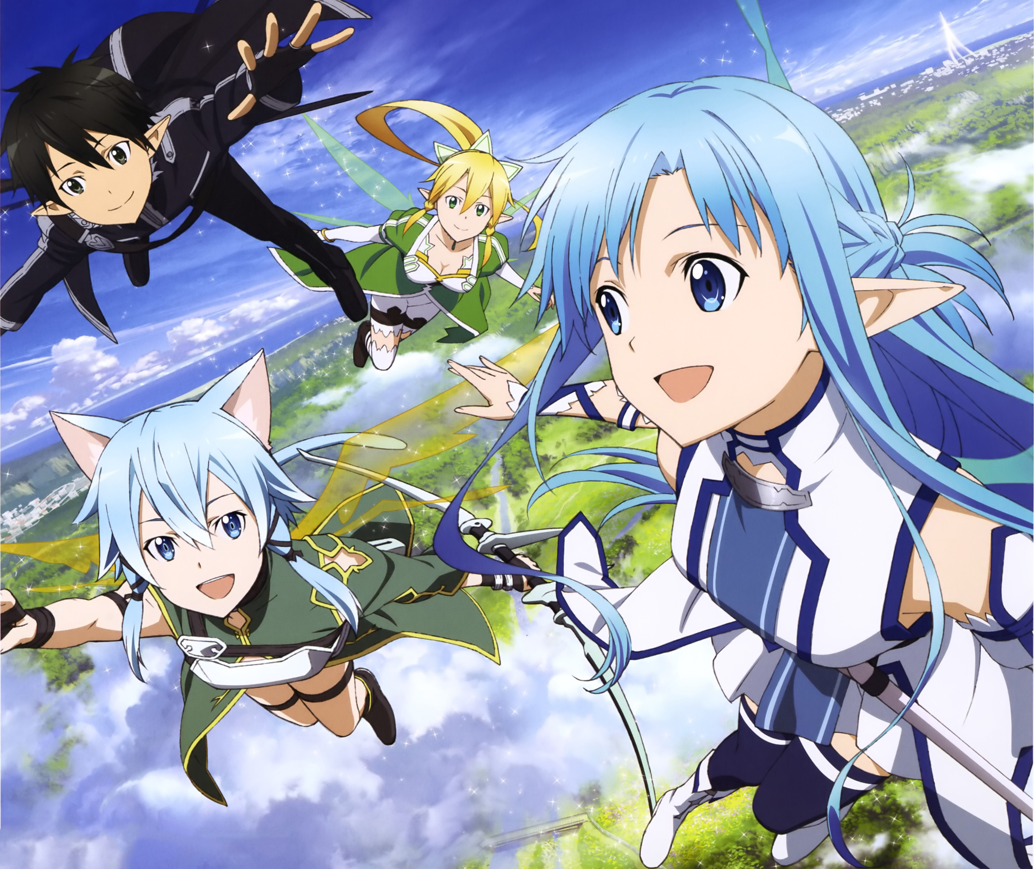 Kirito, Leafa, and Sinon from Sword Art Online flying HD Wallpaper