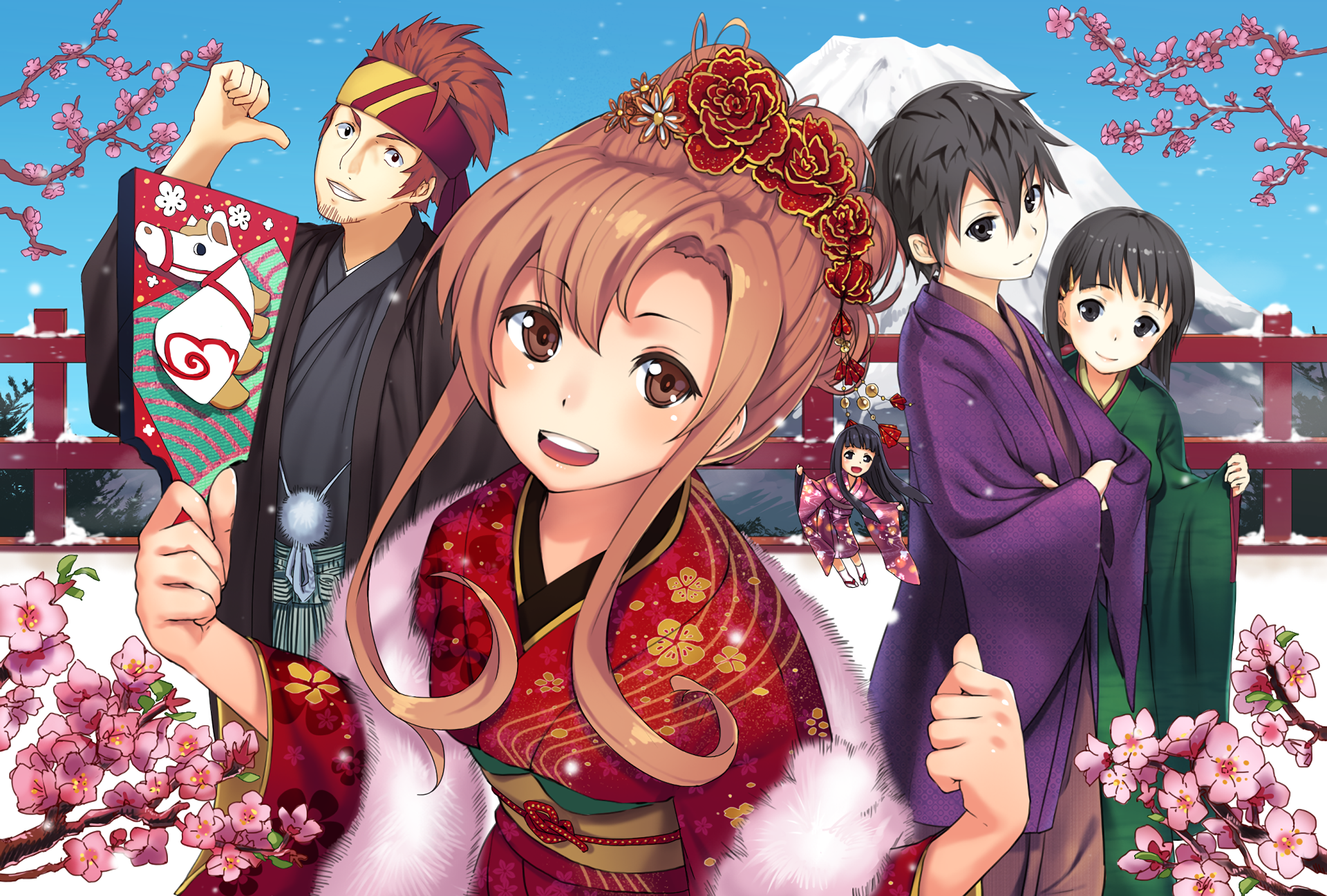 Characters in Kimonos with Mount Fuji HD Wallpaper
