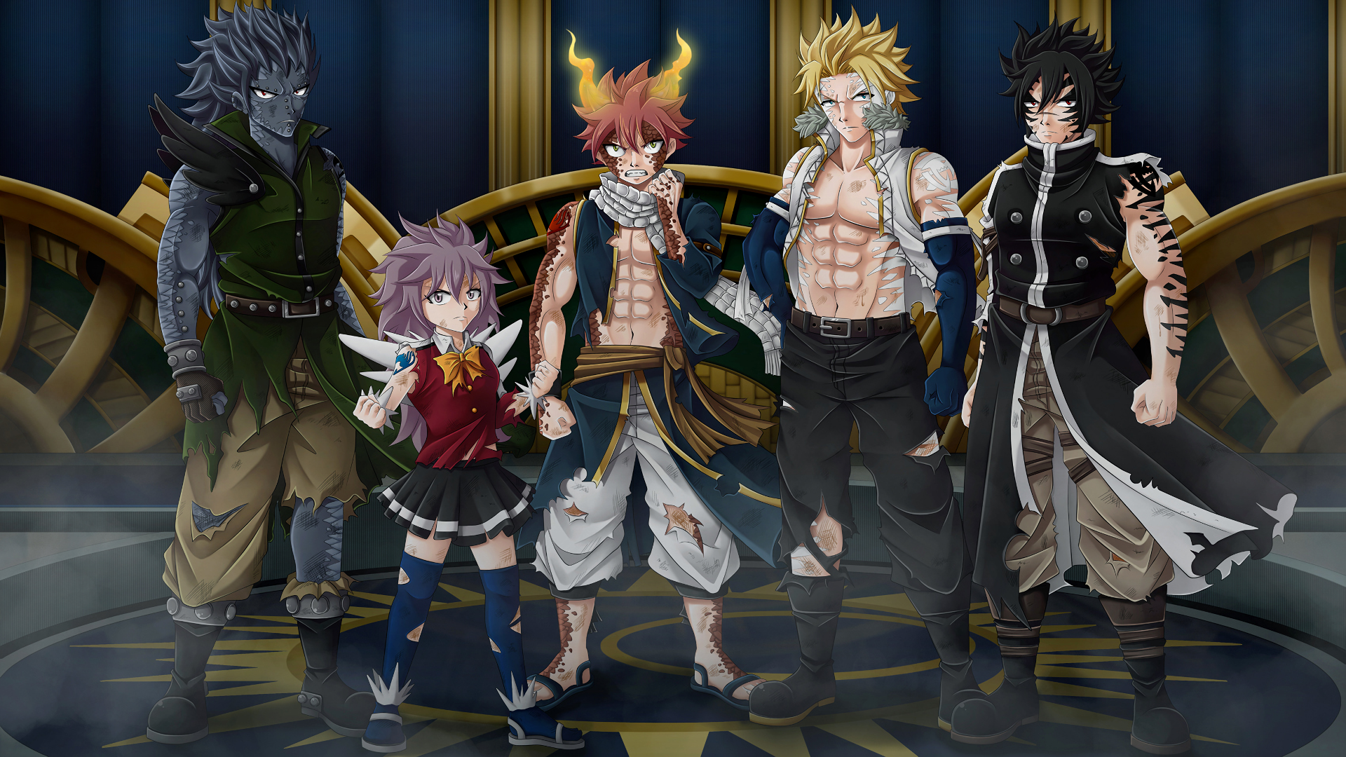 Fairy Tail characters in battle-worn attire HD Wallpaper