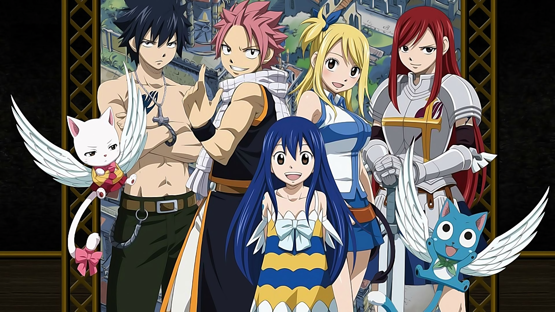 Fairy Tail characters: Natsu, Lucy, Gray, Erza, Wendy, Happy, and Carla HD Wallpaper