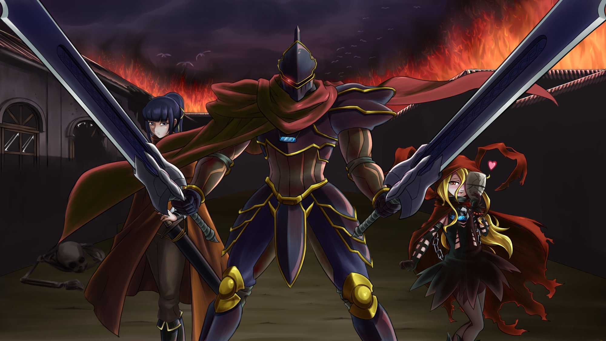 Ainz Ooal Gown and companions in a burning village HD Wallpaper