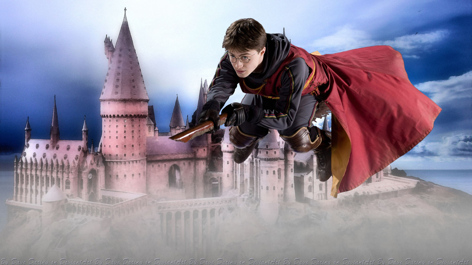 Harry Potter flying on a broomstick near Hogwarts HD Wallpaper