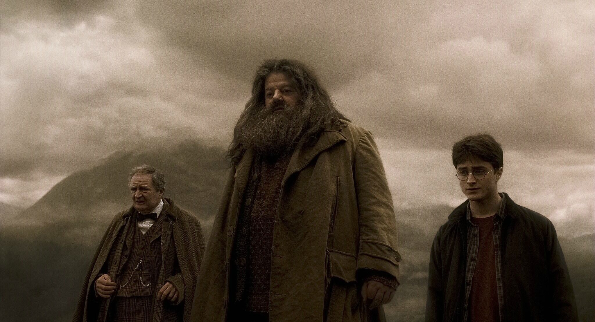 Harry Potter and Rubeus Hagrid in a landscape HD Wallpaper