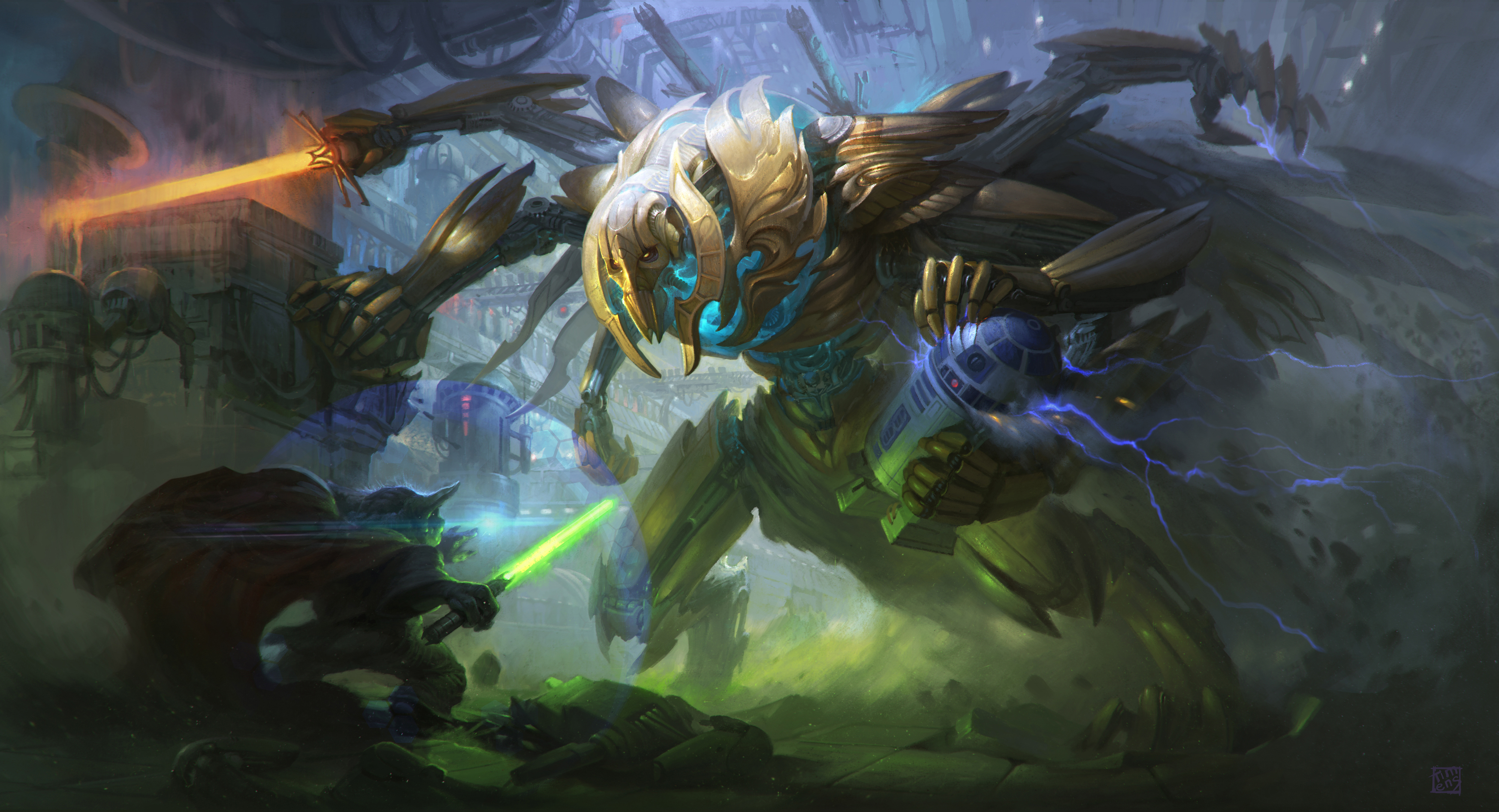 Yoda fighting a giant robot HD Wallpaper