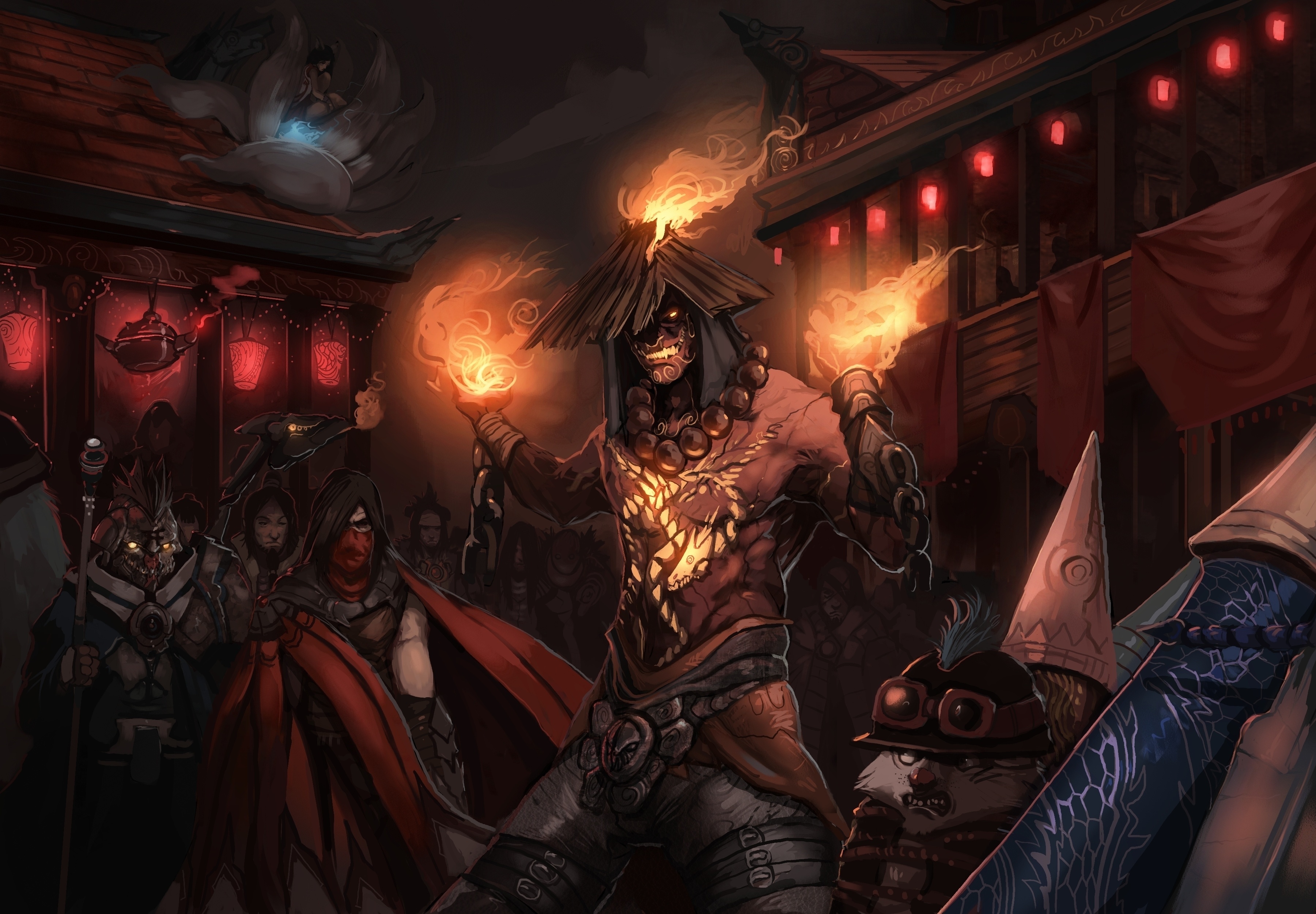 League of Legends character with fire magic in a village HD Wallpaper