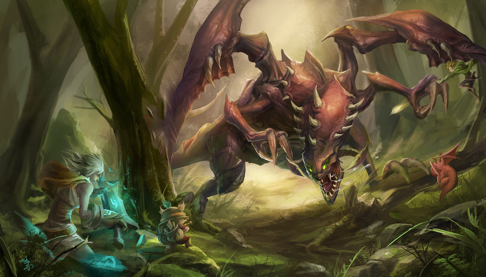 Riven and Teemo from League of Legends fighting a dragon HD Wallpaper