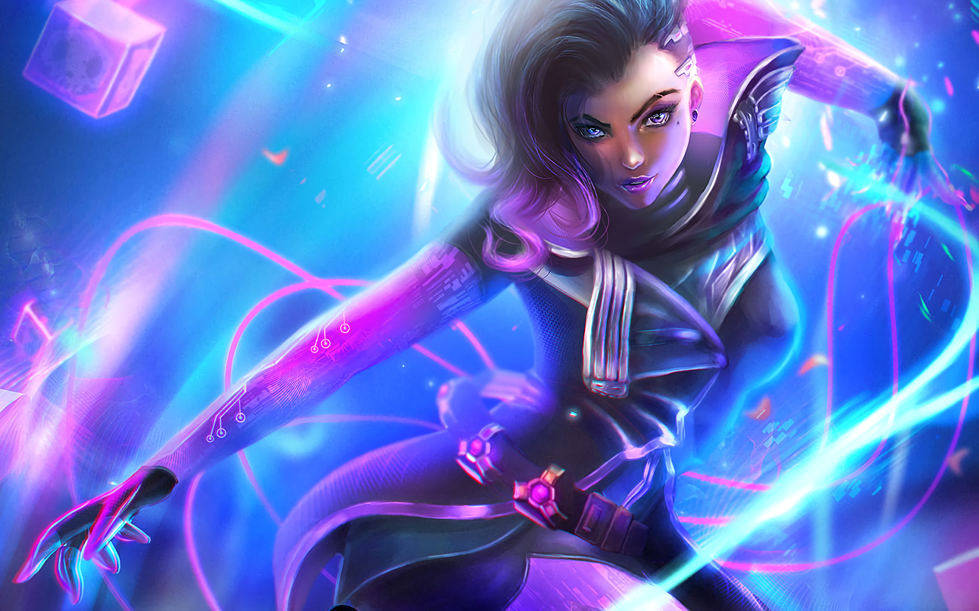 Sombra from Overwatch in neon digital world HD Wallpaper