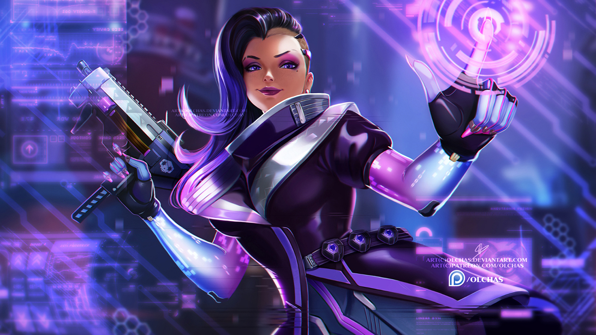 Sombra from Overwatch interacting with a holographic interface HD Wallpaper