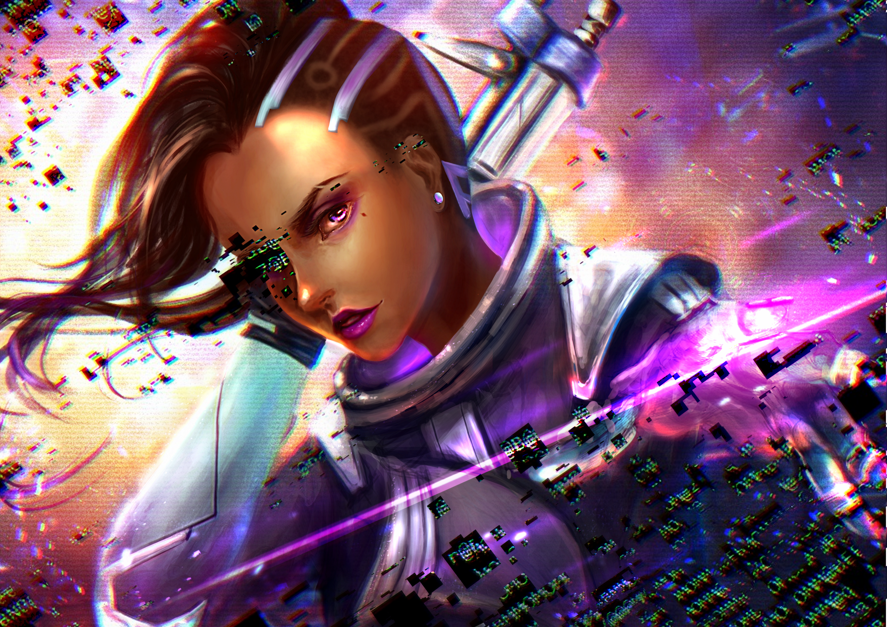 Sombra from Overwatch with glitch effects HD Wallpaper