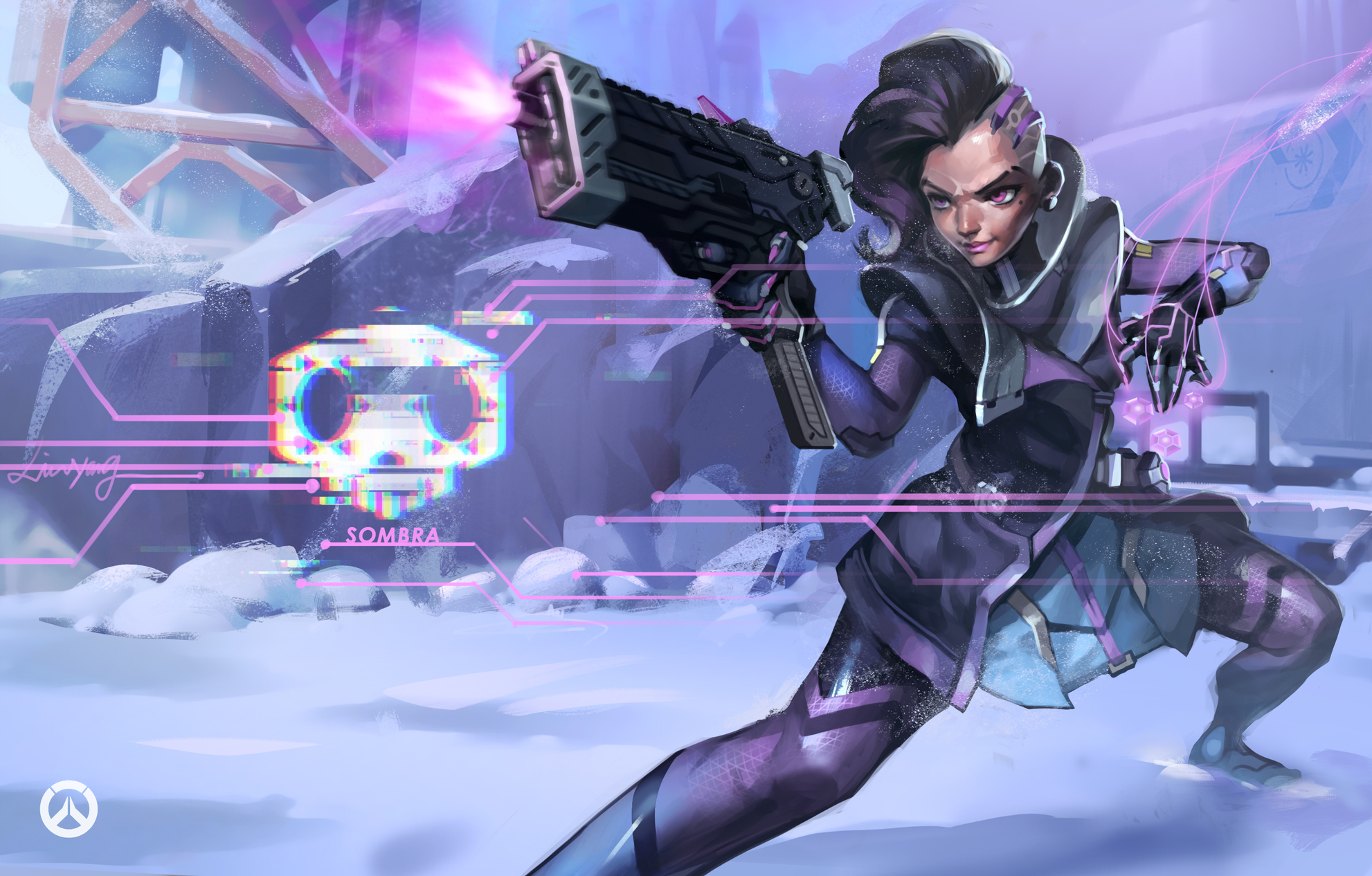 Sombra from Overwatch in a snowy environment HD Wallpaper